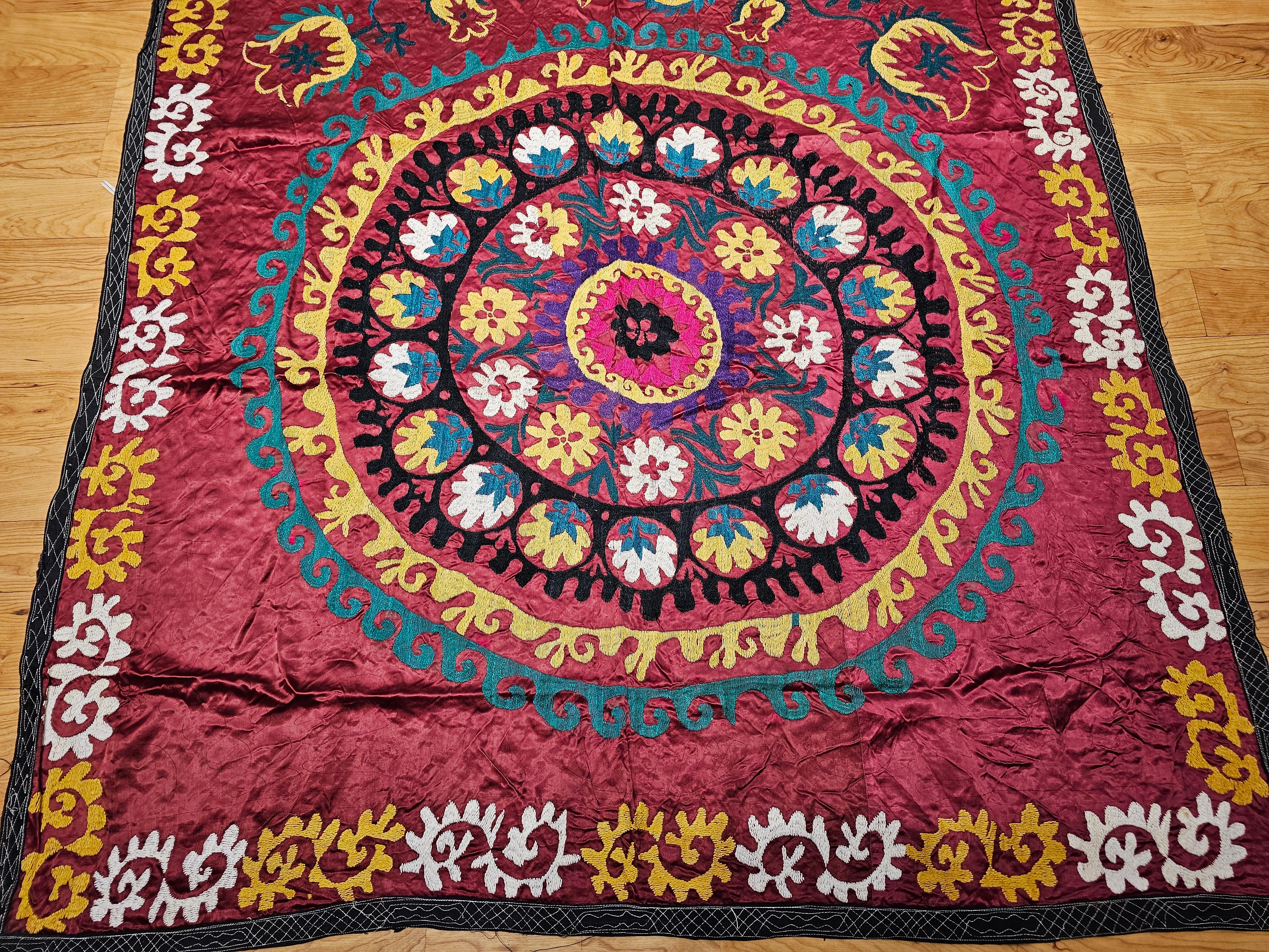 Vintage Uzbek Silk Embroidery Suzani in Red, Turquoise, Ivory, Yellow, Purple In Good Condition For Sale In Barrington, IL