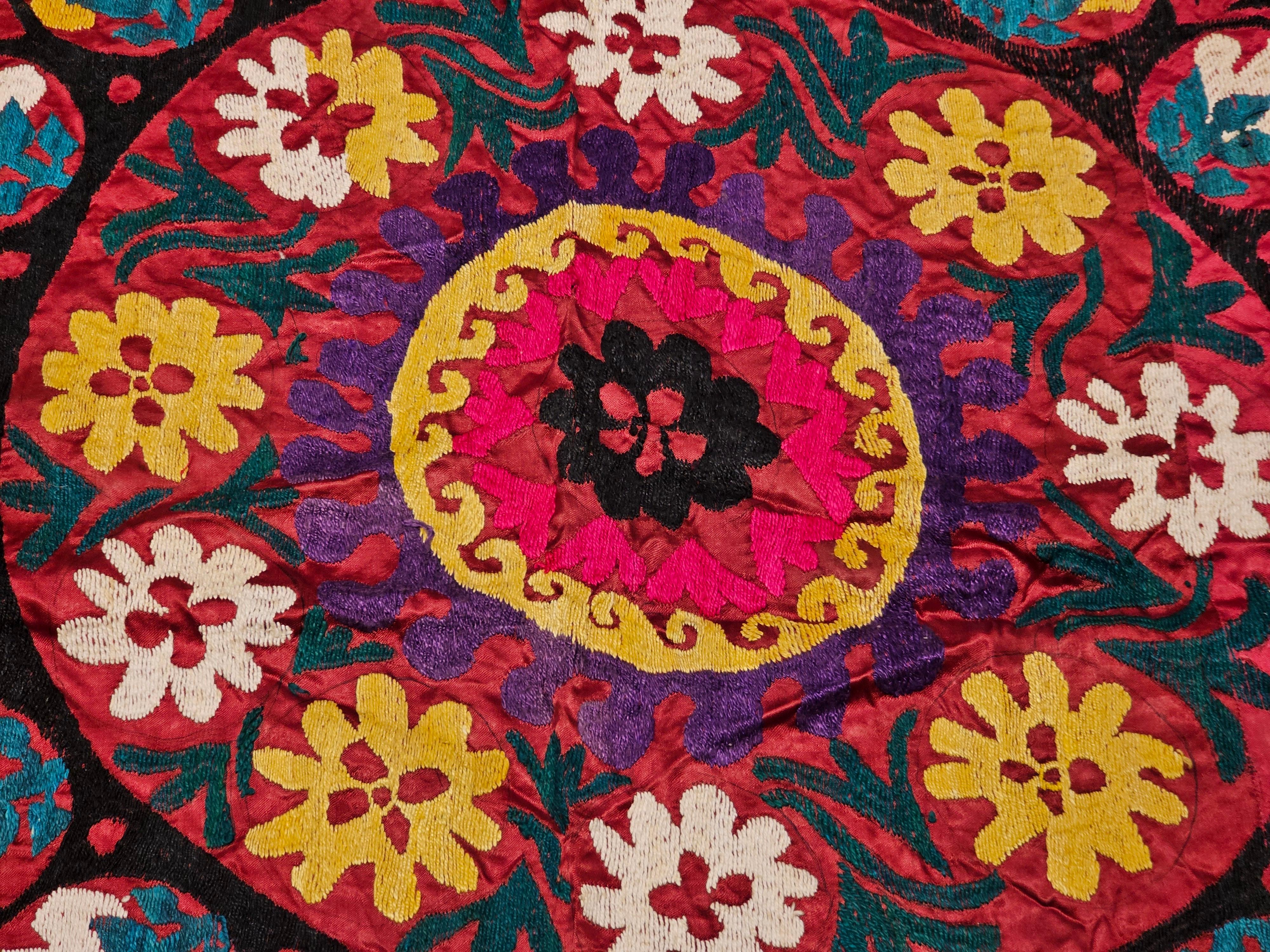 20th Century Vintage Uzbek Silk Embroidery Suzani in Red, Turquoise, Ivory, Yellow, Purple For Sale