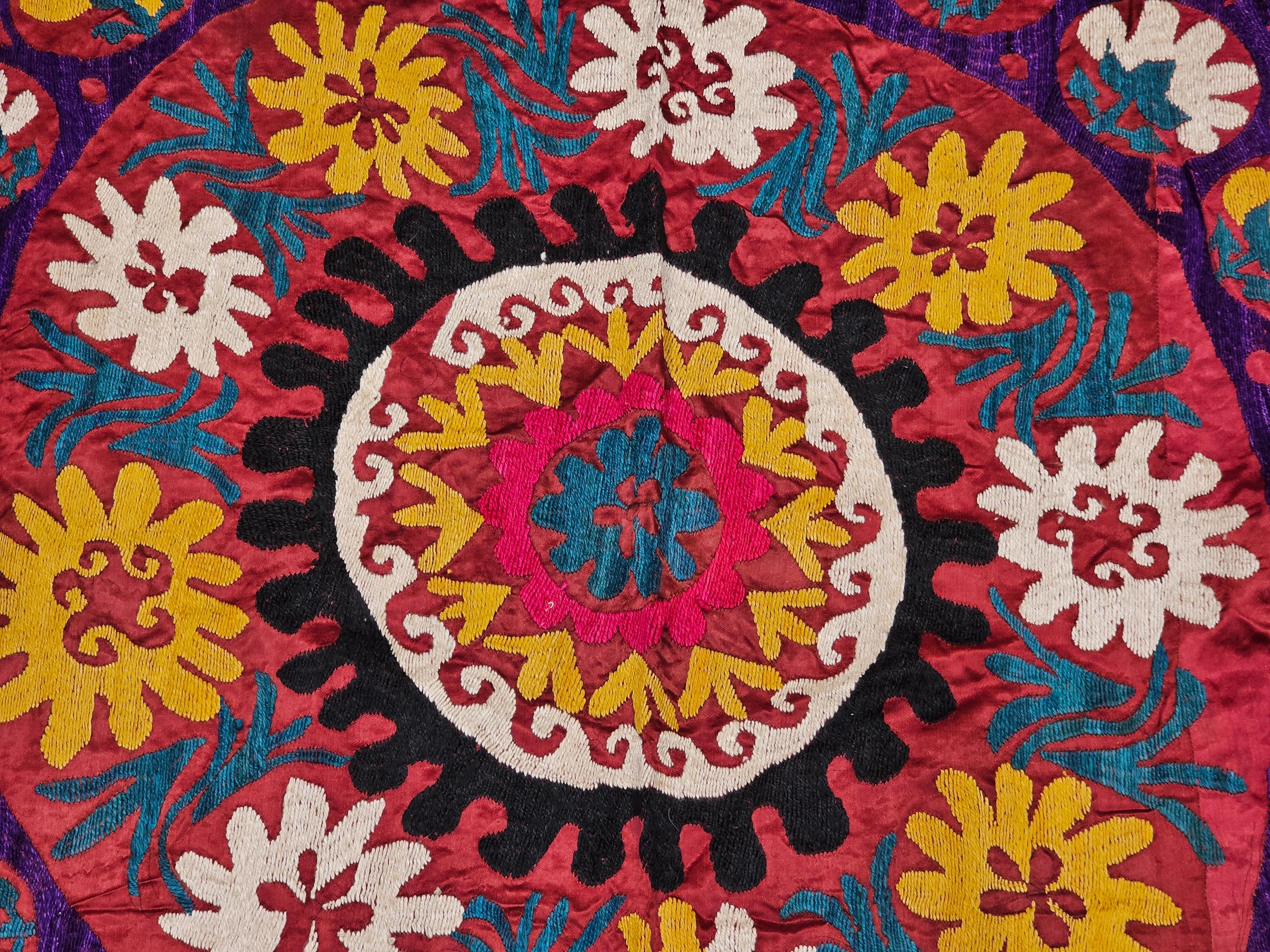 Vintage Uzbek Silk Embroidery Suzani in Red, Turquoise, Ivory, Yellow, Purple For Sale 1
