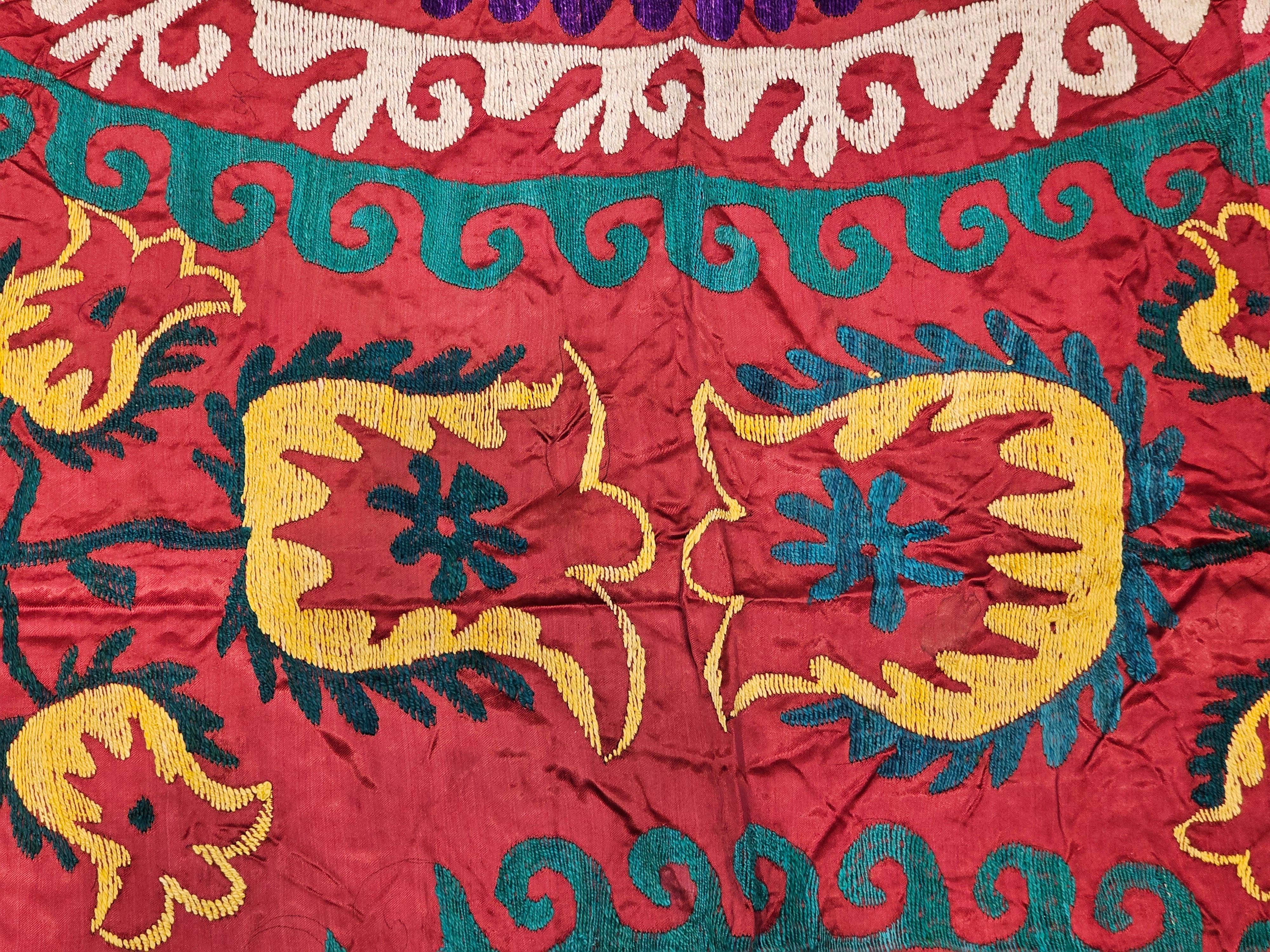 Vintage Uzbek Silk Embroidery Suzani in Red, Turquoise, Ivory, Yellow, Purple For Sale 2