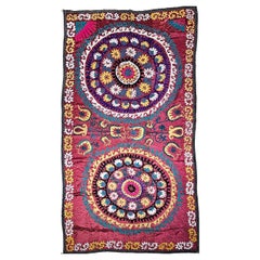 Retro Uzbek Silk Embroidery Suzani in Red, Turquoise, Ivory, Yellow, Purple