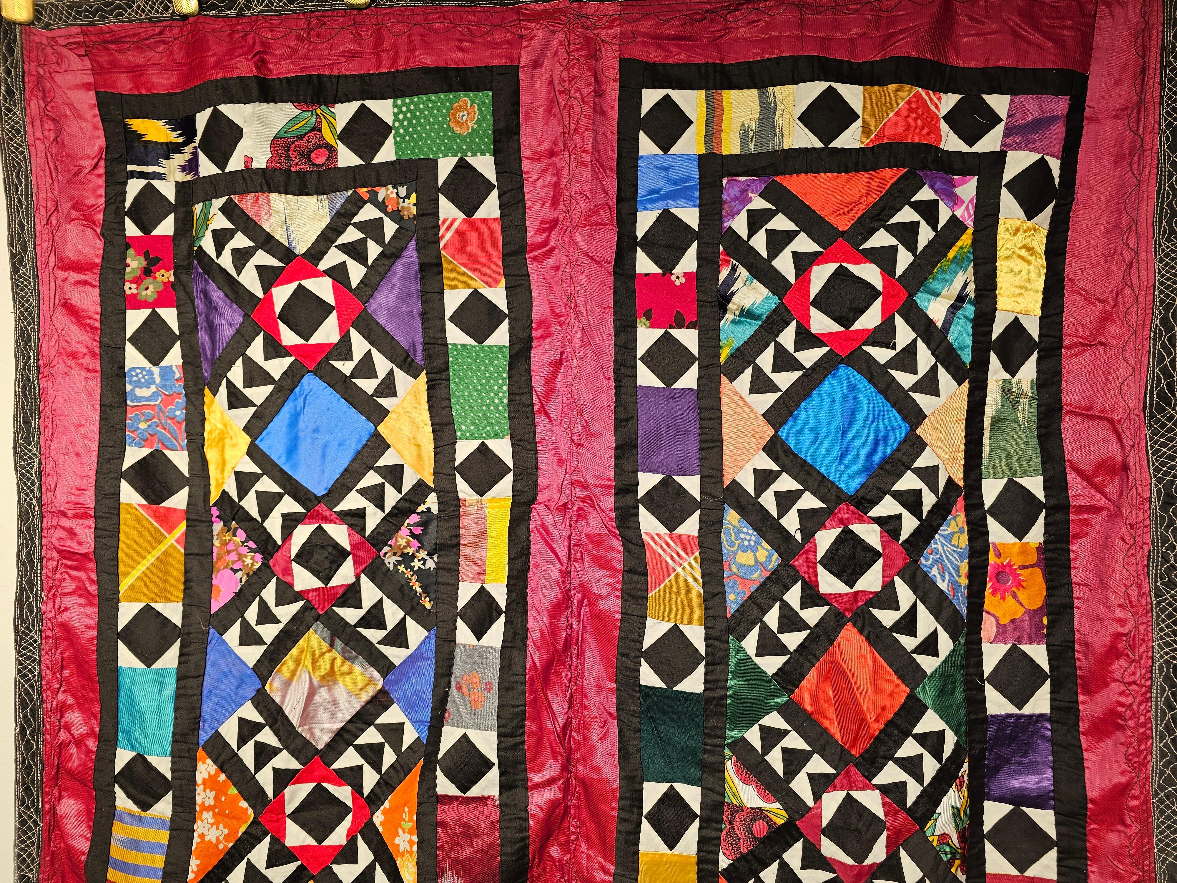 Vintage Uzbek Hand Stitched Silk Quilt in Red, Turquoise, Ivory, Black, Green For Sale 1