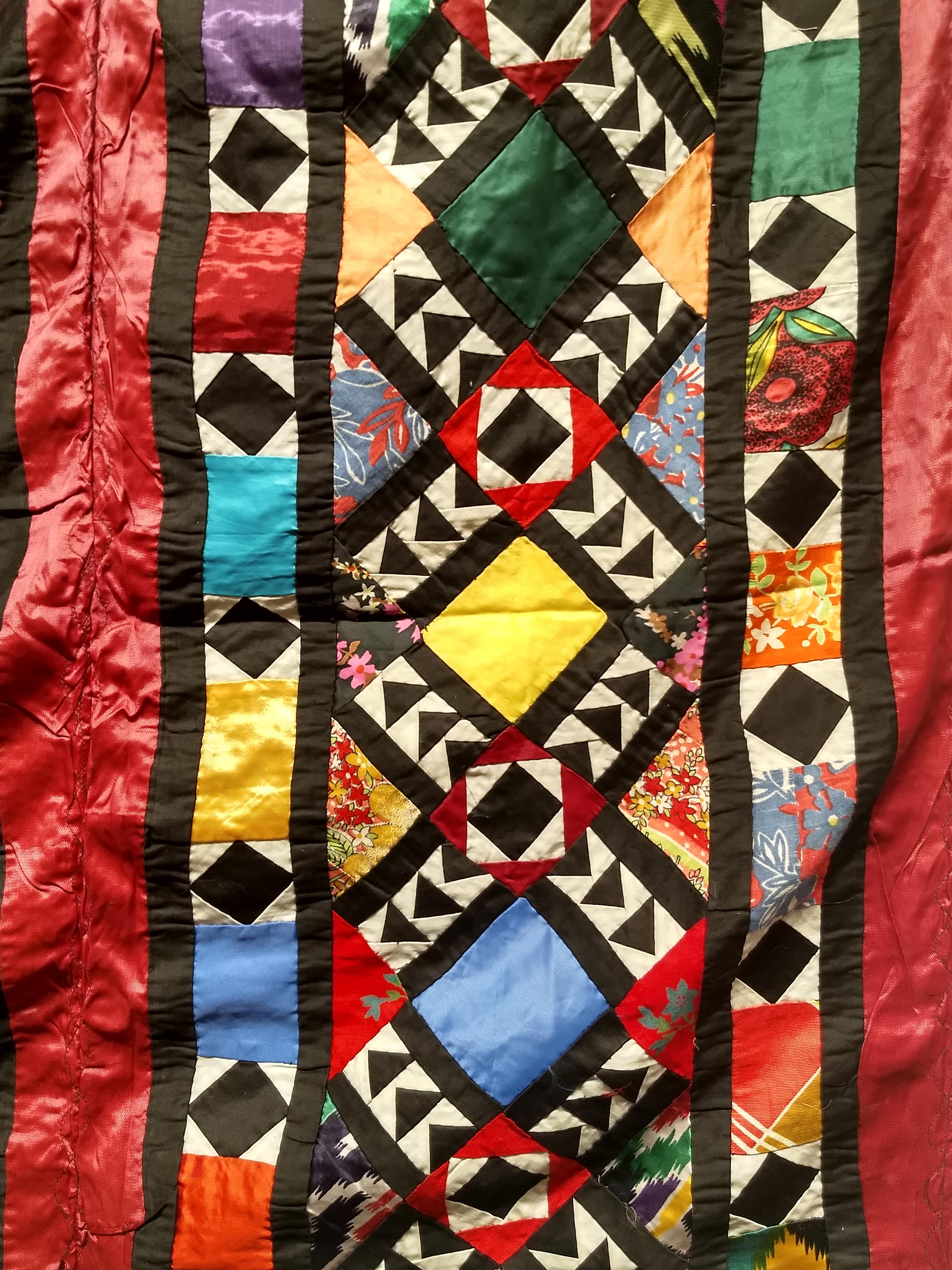 Vintage Uzbek Hand Stitched Silk Quilt in Red, Turquoise, Ivory, Black, Green For Sale 2