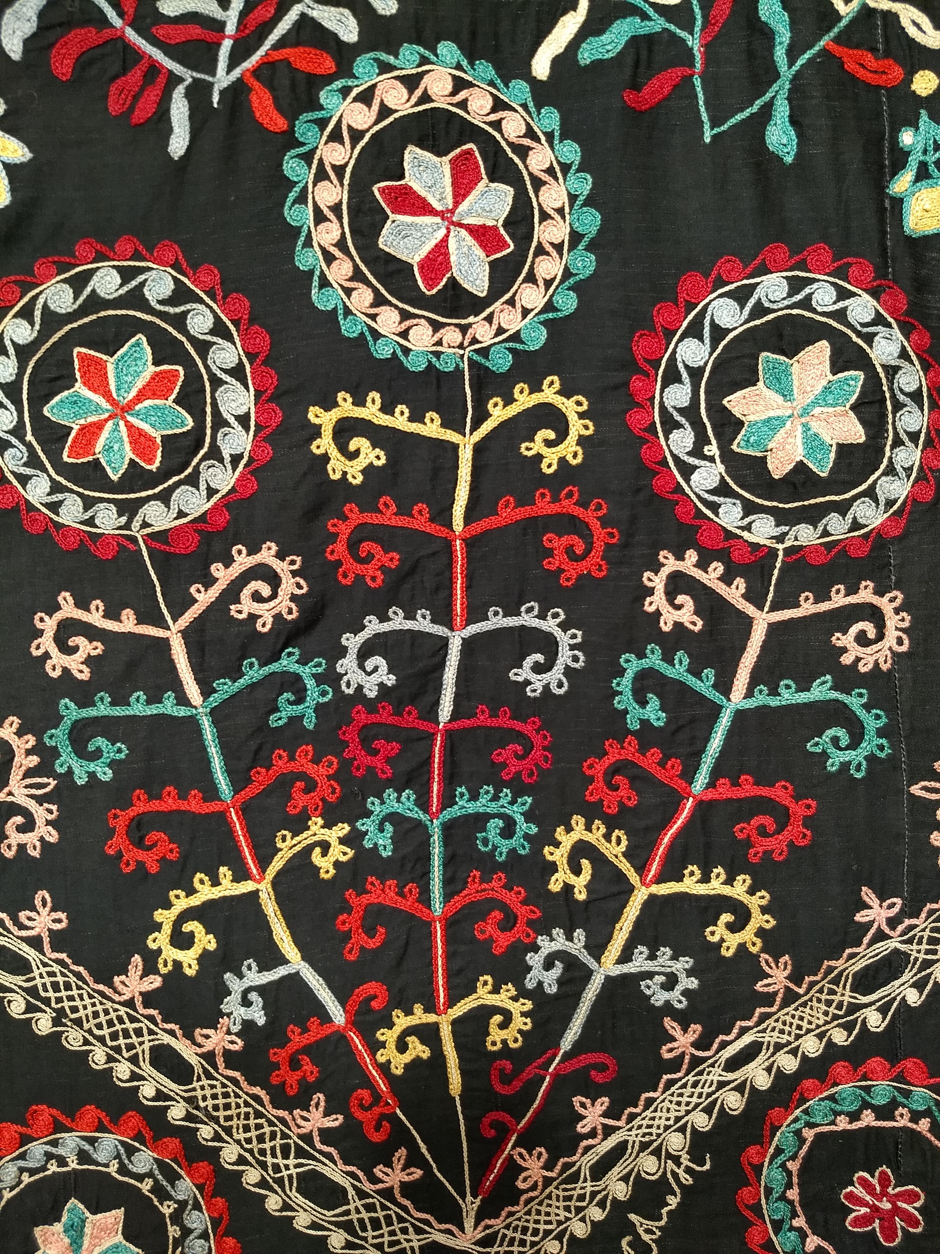 Vintage Hand Embroidered Uzbek Silk Suzani in Black, Red, Green, Yellow Wall Art For Sale 3