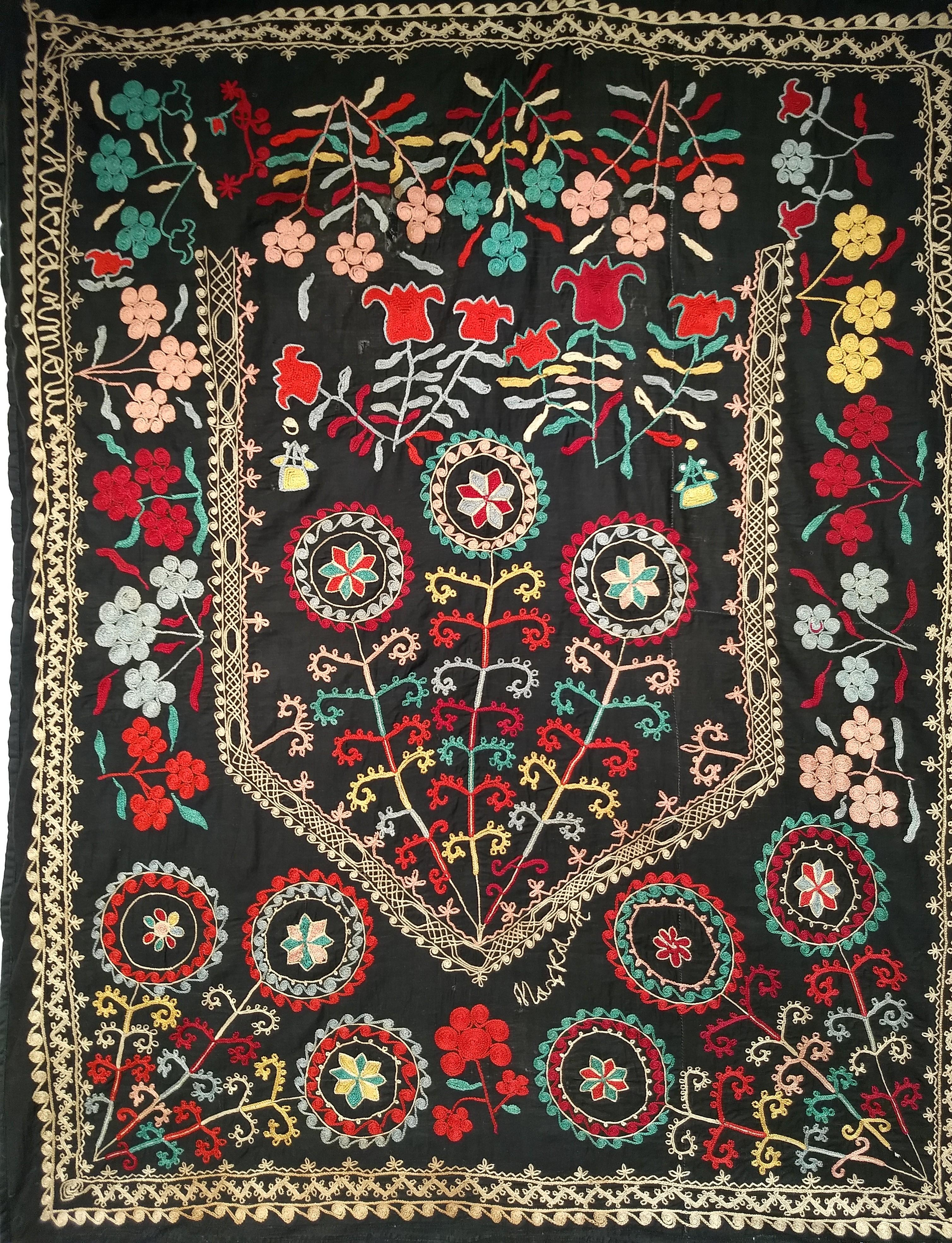Vintage Hand Embroidered Uzbek Silk Suzani in Black, Red, Green, Yellow Wall Art In Good Condition For Sale In Barrington, IL