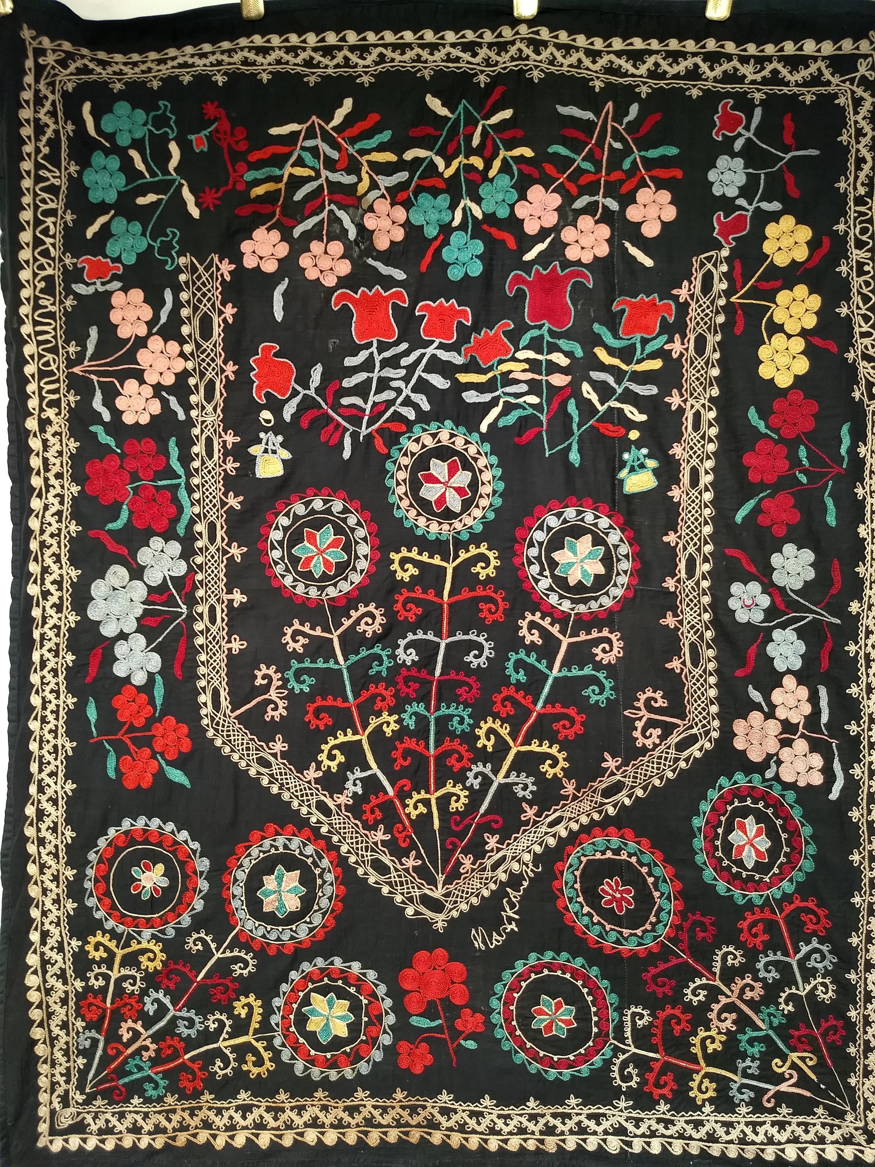 Mid-20th Century Vintage Hand Embroidered Uzbek Silk Suzani in Black, Red, Green, Yellow Wall Art For Sale