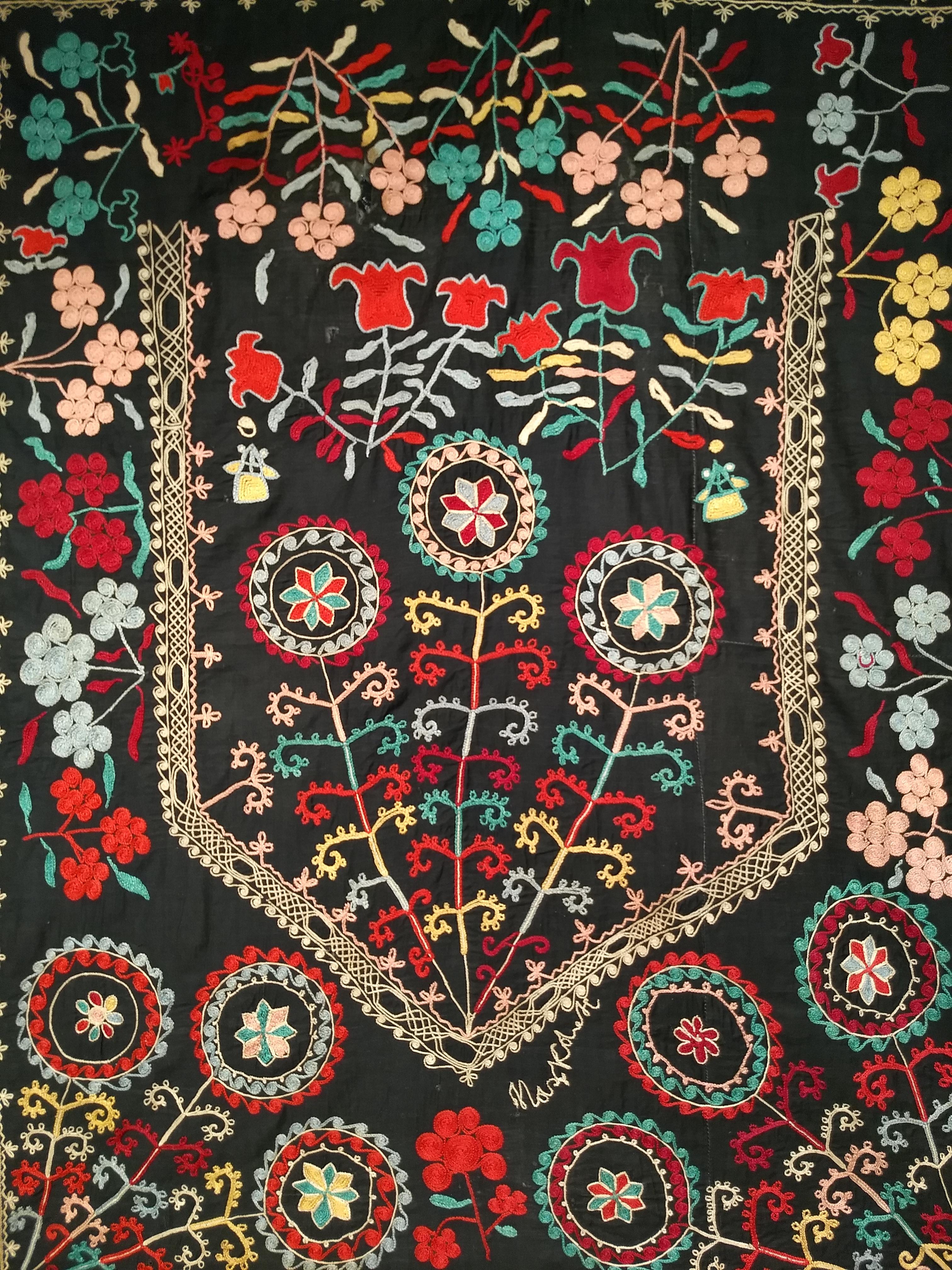 Cotton Vintage Hand Embroidered Uzbek Silk Suzani in Black, Red, Green, Yellow Wall Art For Sale