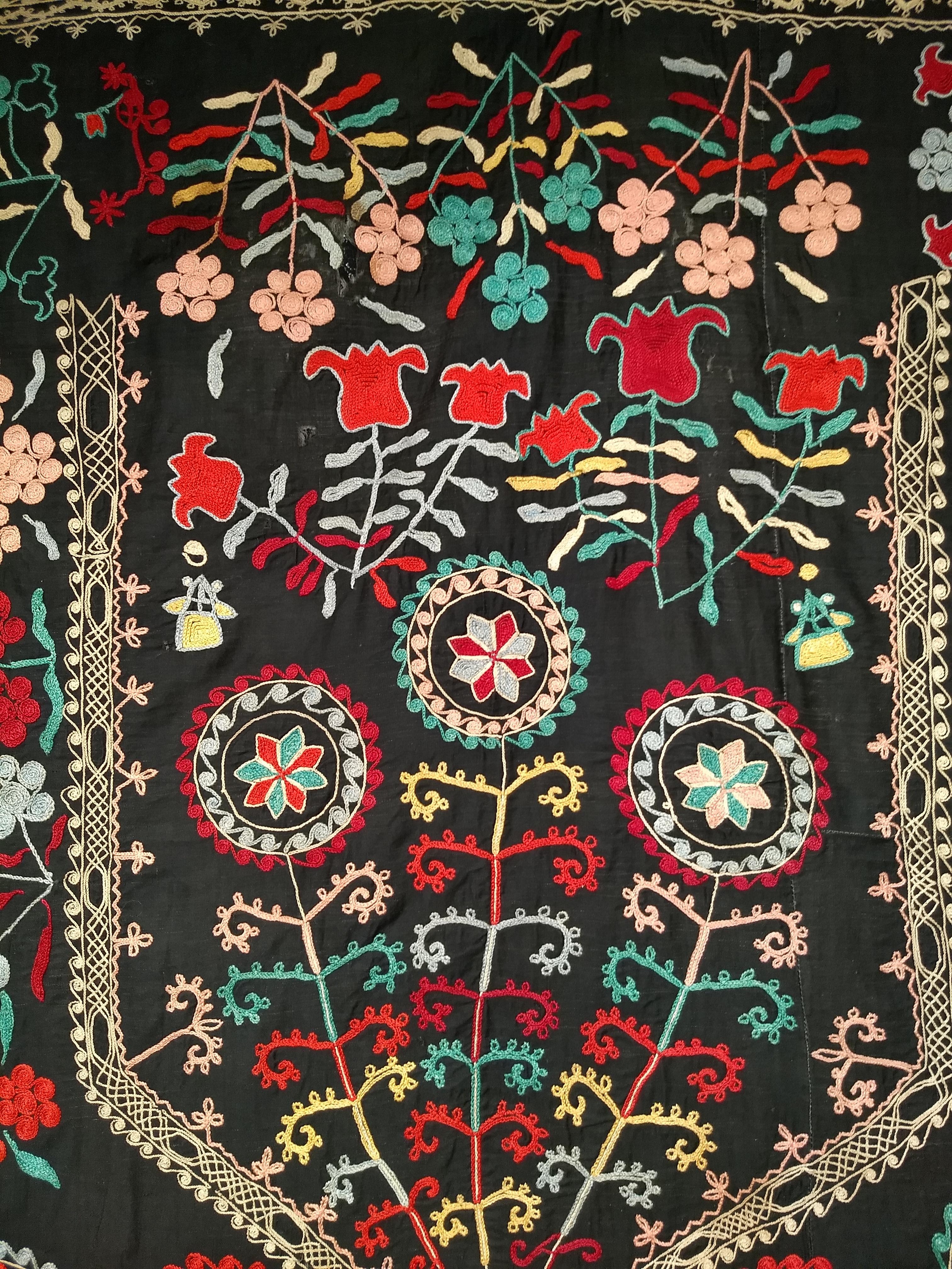 Vintage Hand Embroidered Uzbek Silk Suzani in Black, Red, Green, Yellow Wall Art For Sale 1