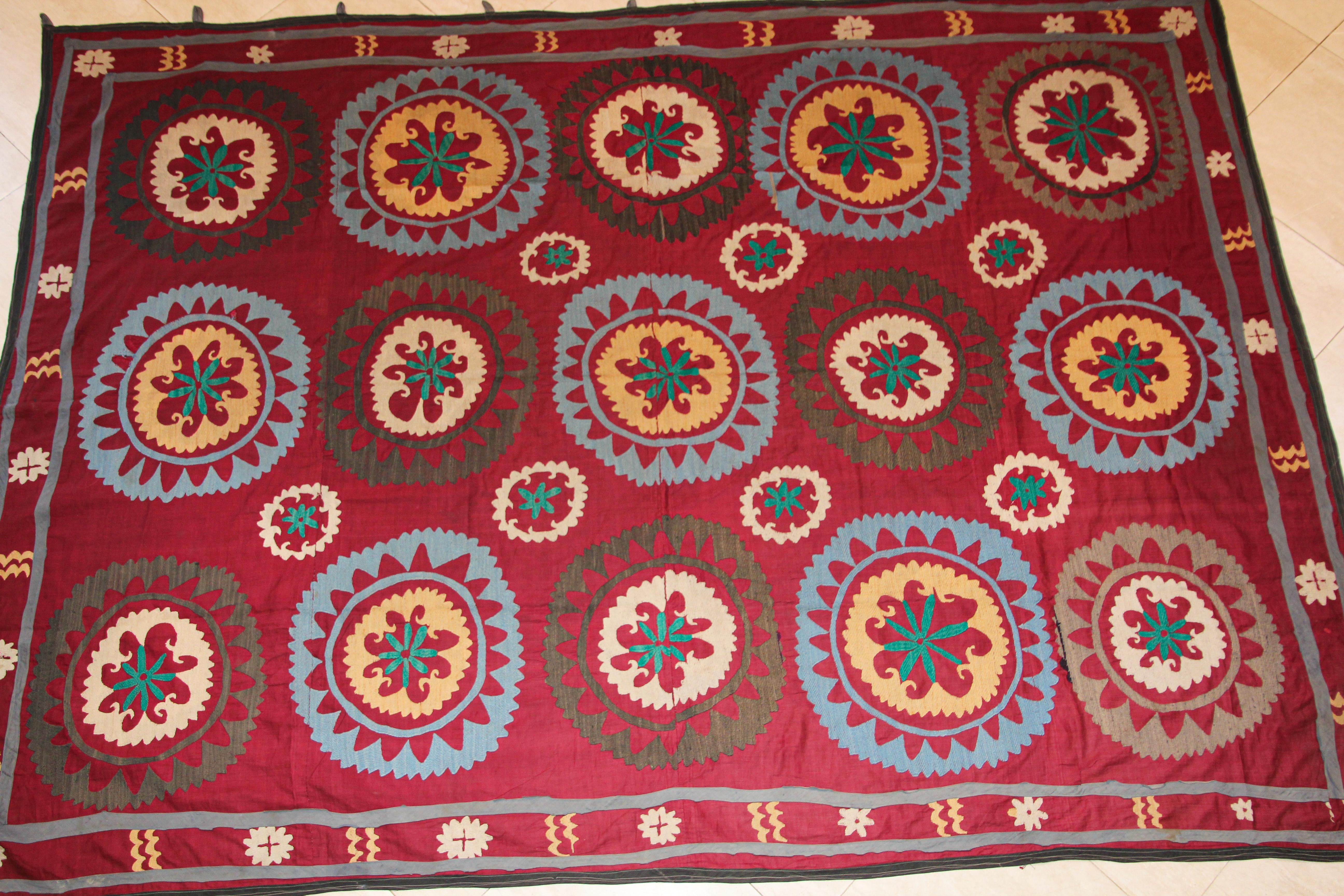 Vintage Uzbek Suzani Needlework Textile Blanket or Tapestry 6