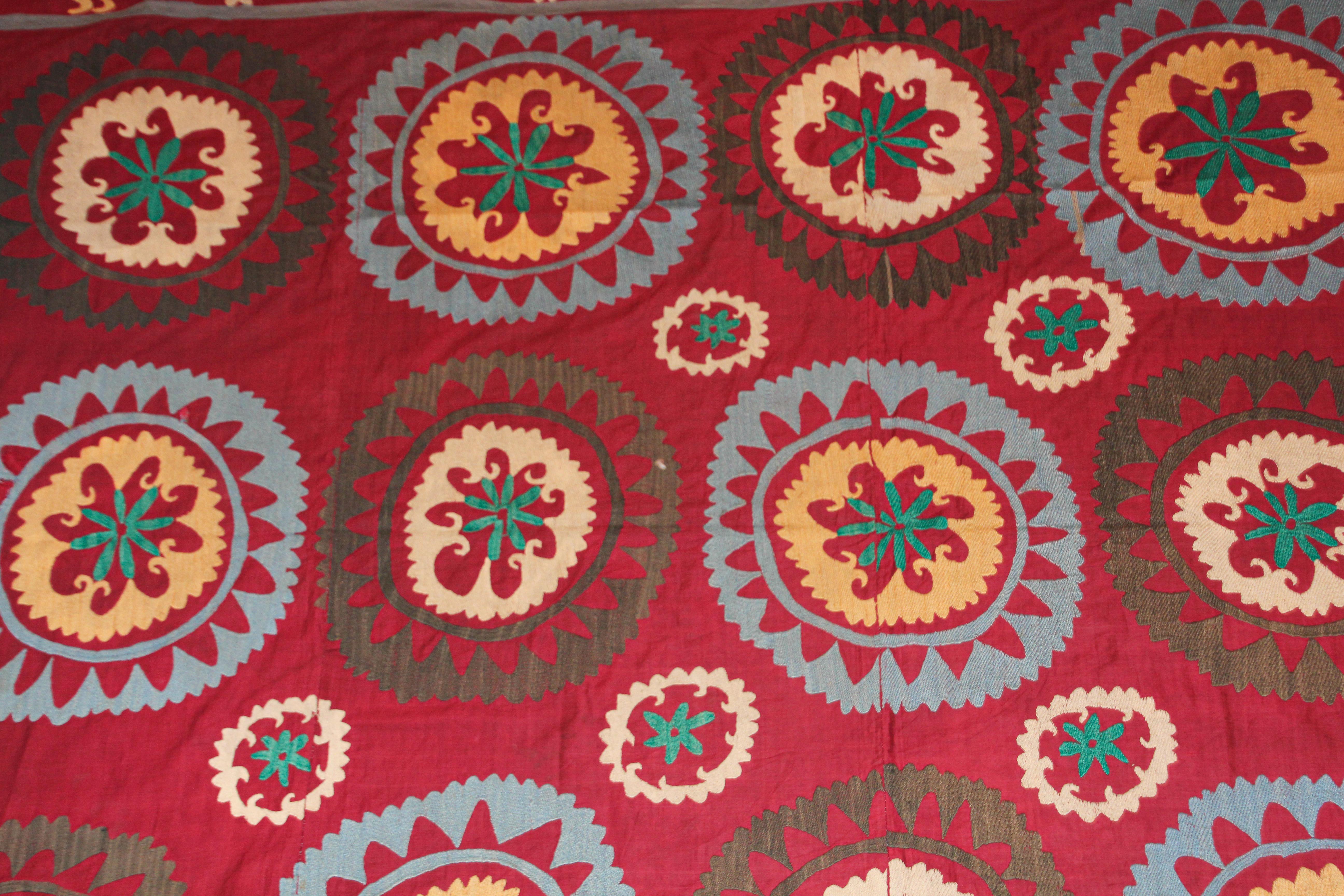 Brown Vintage Uzbek Suzani Needlework Textile Blanket or Tapestry