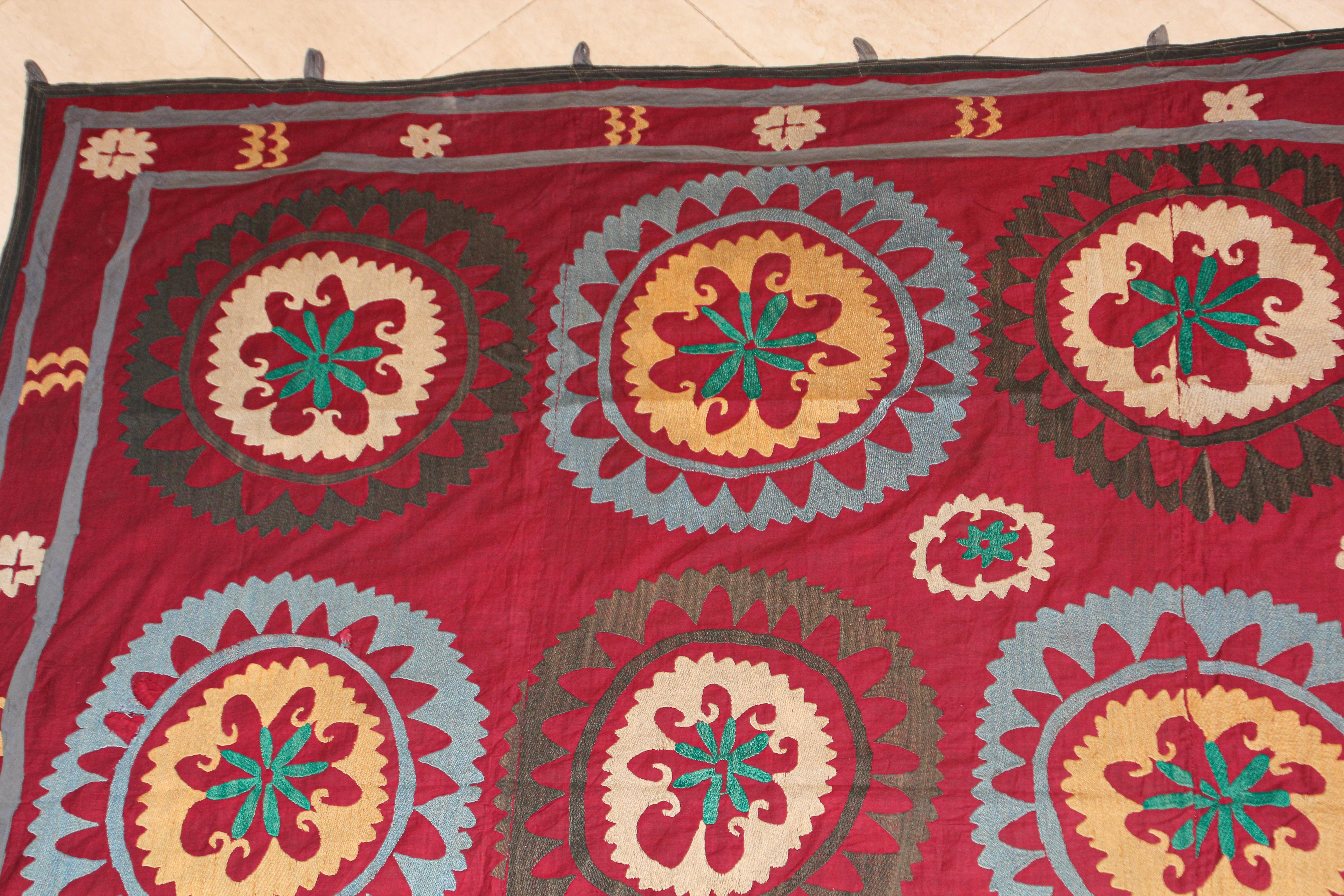 Embroidered Vintage Uzbek Suzani Needlework Textile Blanket or Tapestry