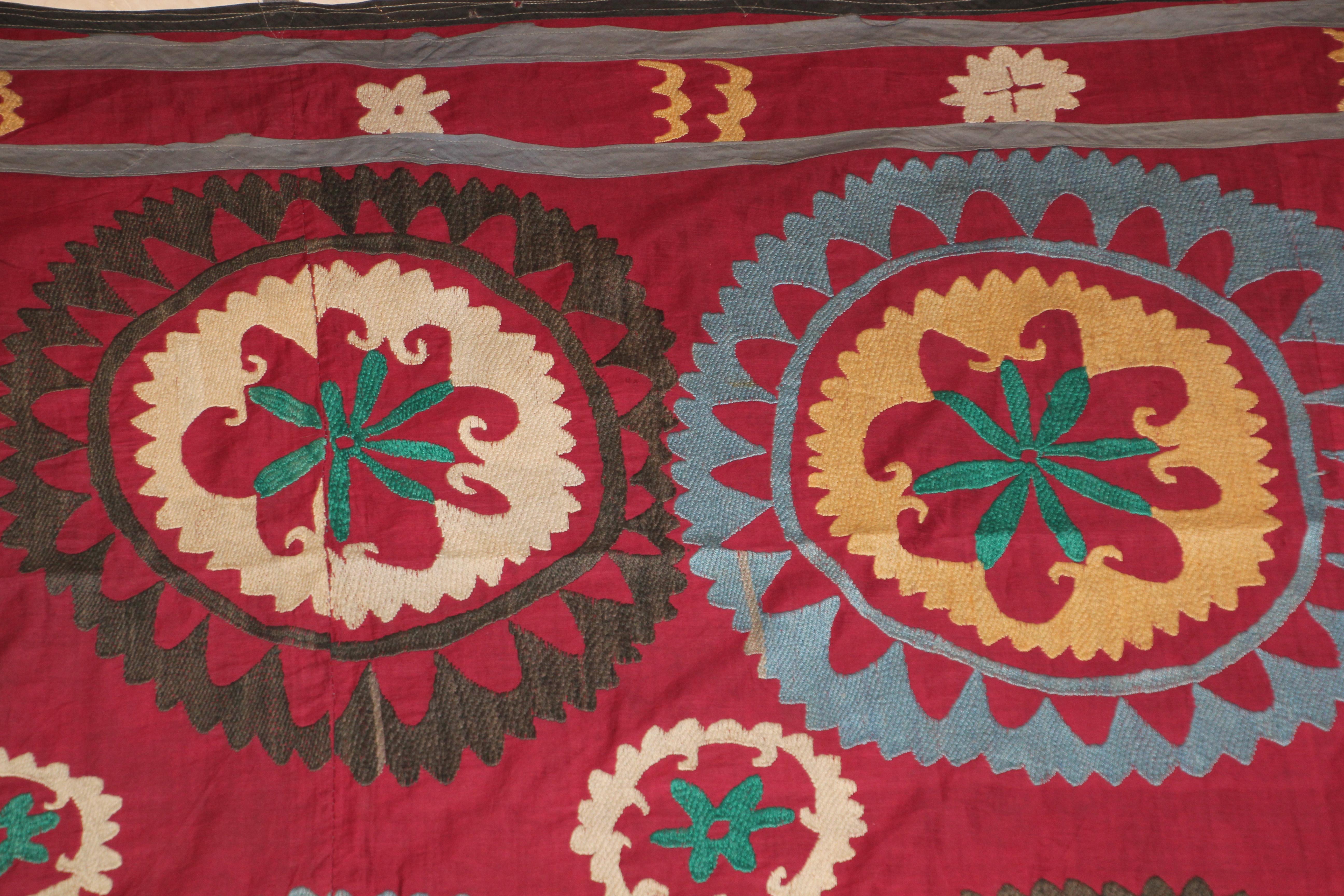 Women's or Men's Vintage Uzbek Suzani Needlework Textile Blanket or Tapestry