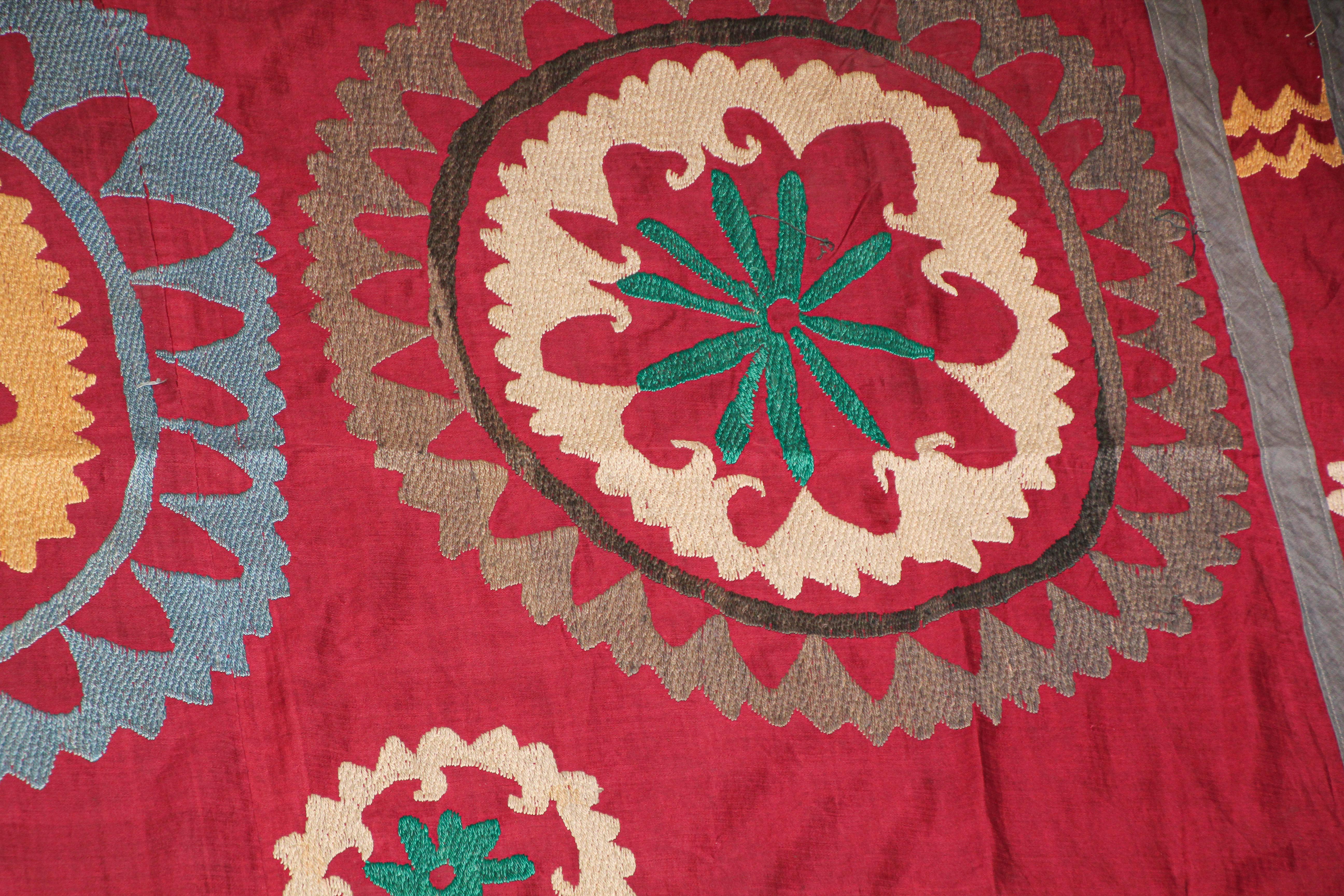 Fabric Vintage Uzbek Suzani Needlework Textile Blanket or Tapestry