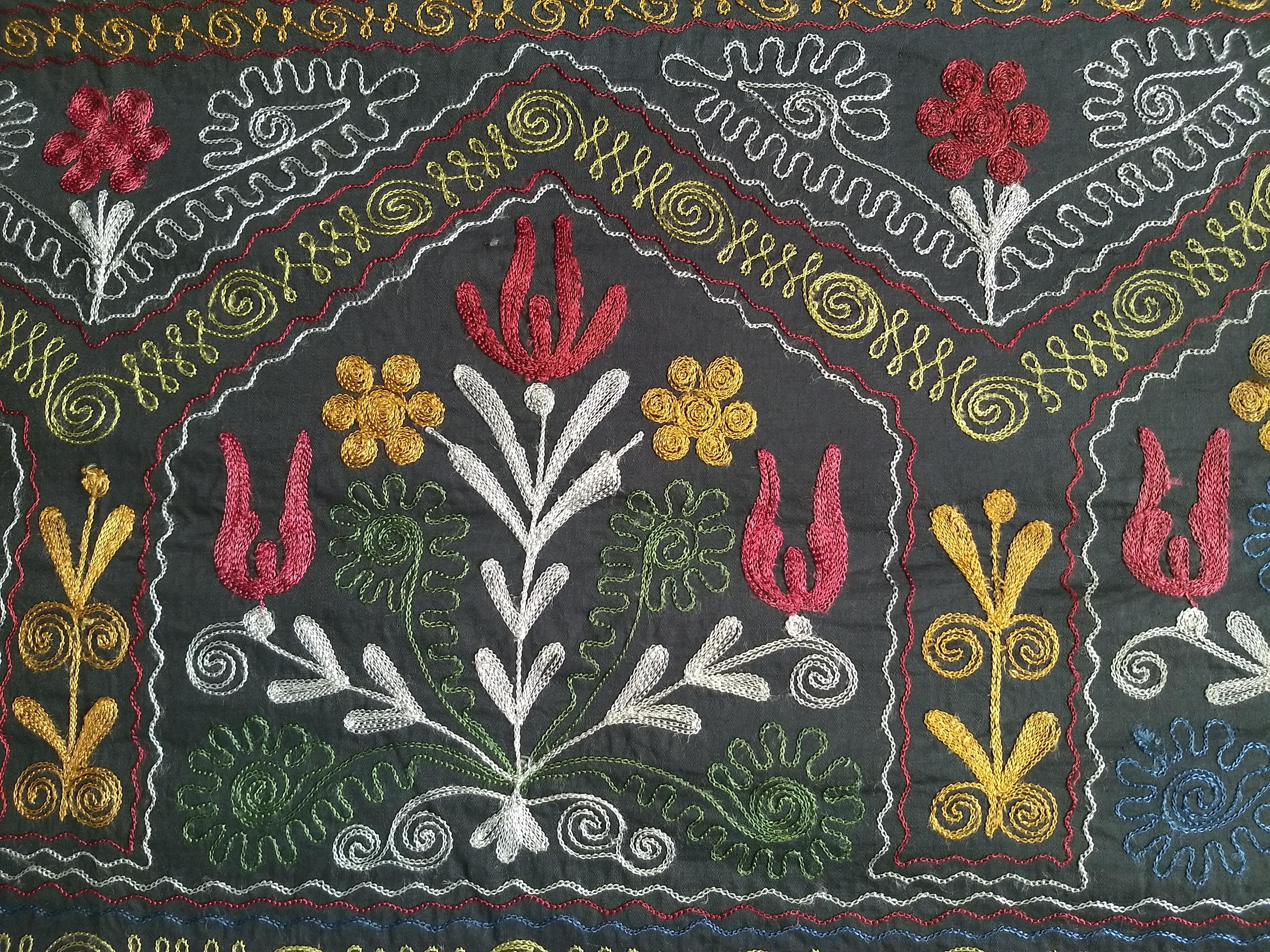 Vintage Uzbek Suzani Silk Embroidery in Black, Blue, Green, Ivory, Yellow, Red For Sale 3