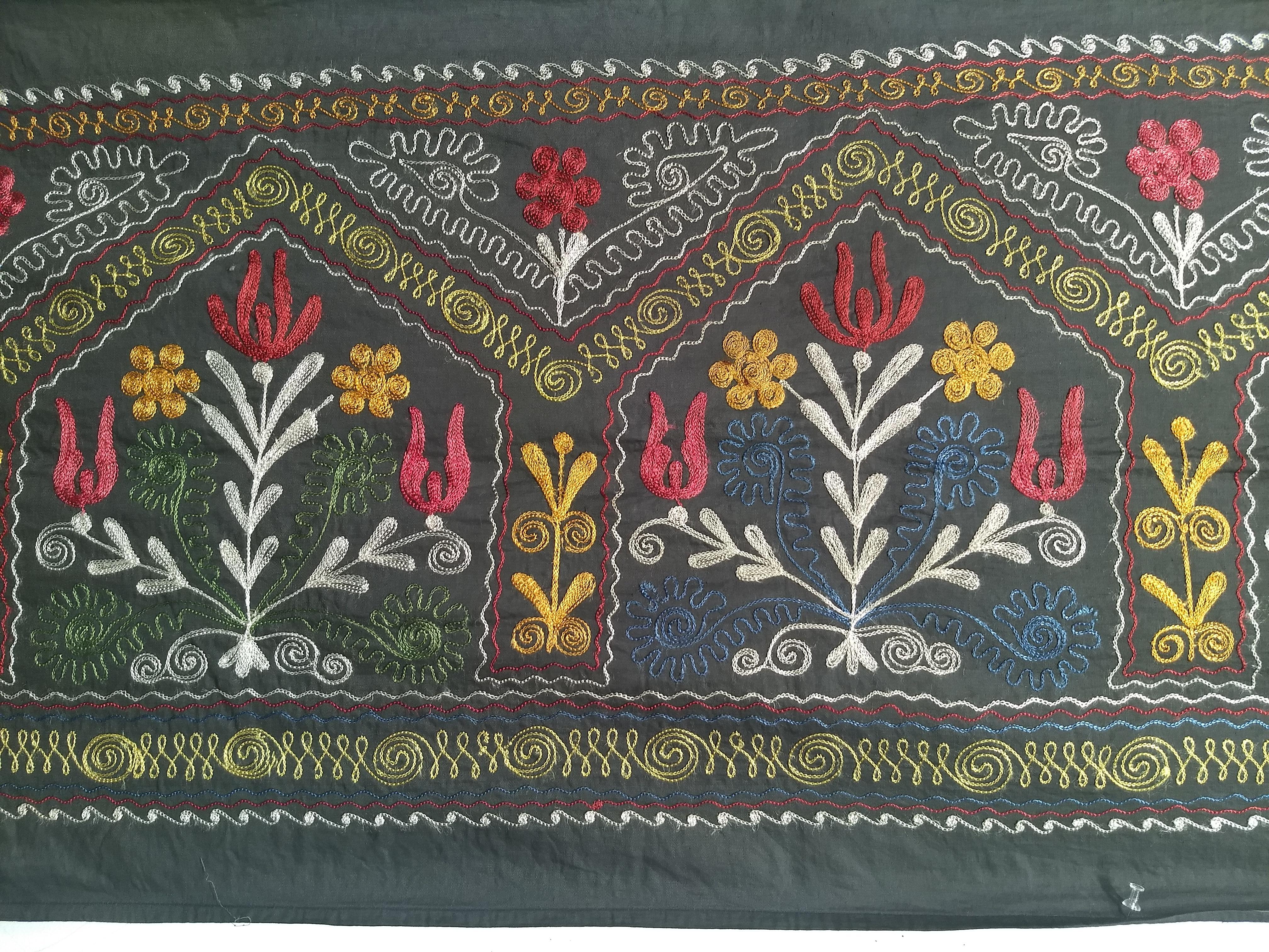 Vintage Uzbek Suzani Silk Embroidery in Black, Blue, Green, Ivory, Yellow, Red For Sale 1