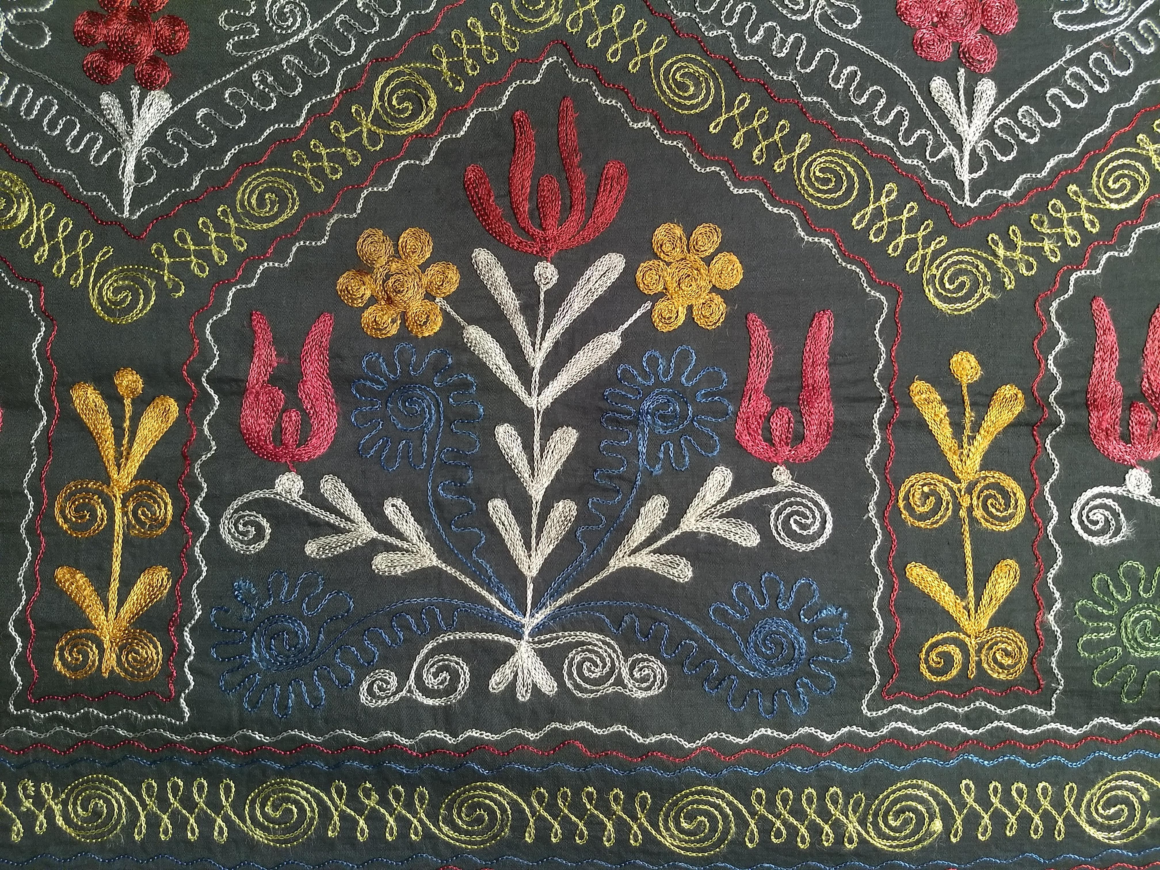 Vintage Uzbek Suzani Silk Embroidery in Black, Blue, Green, Ivory, Yellow, Red For Sale 2