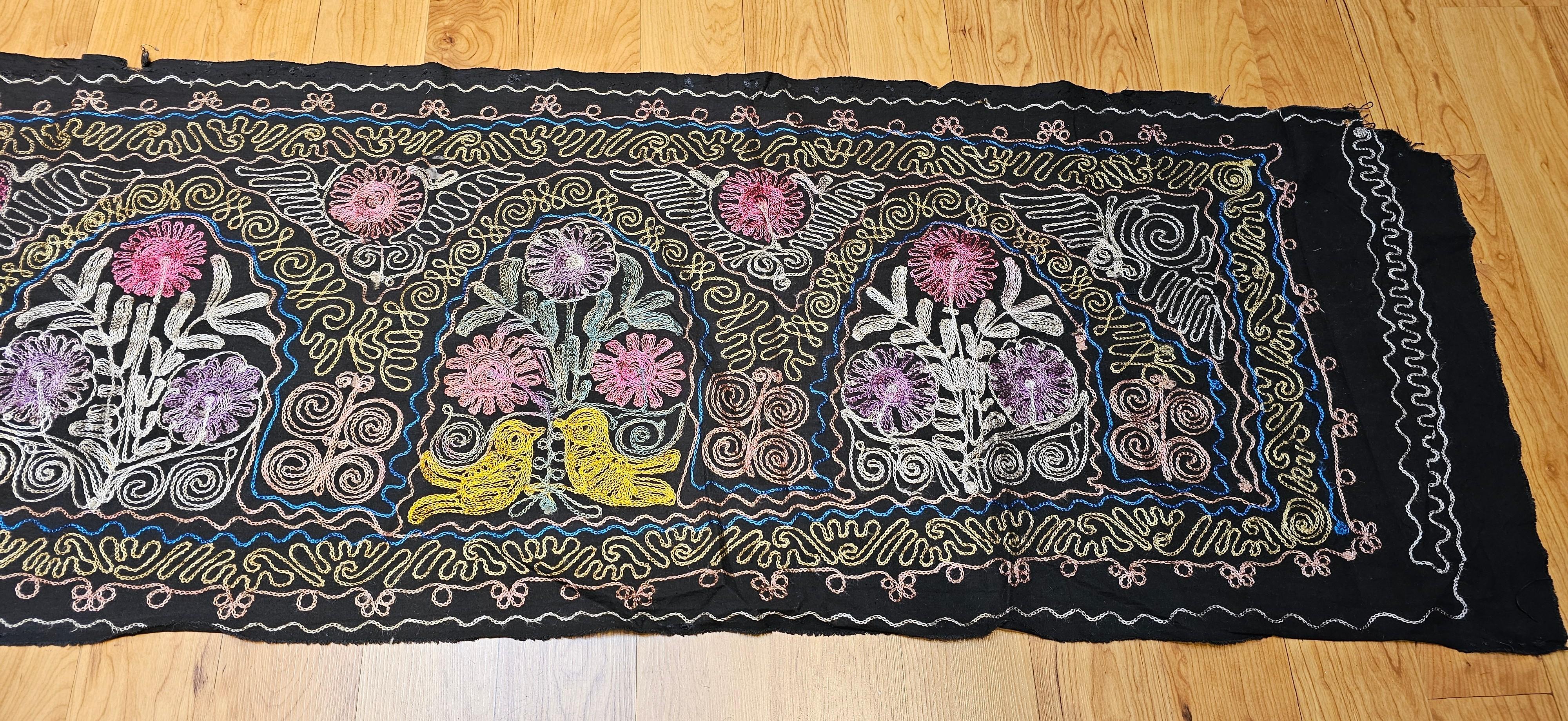 Cotton Vintage Uzbek Suzani Silk Embroidery in Black, Blue, Purple, Yellow, Red For Sale