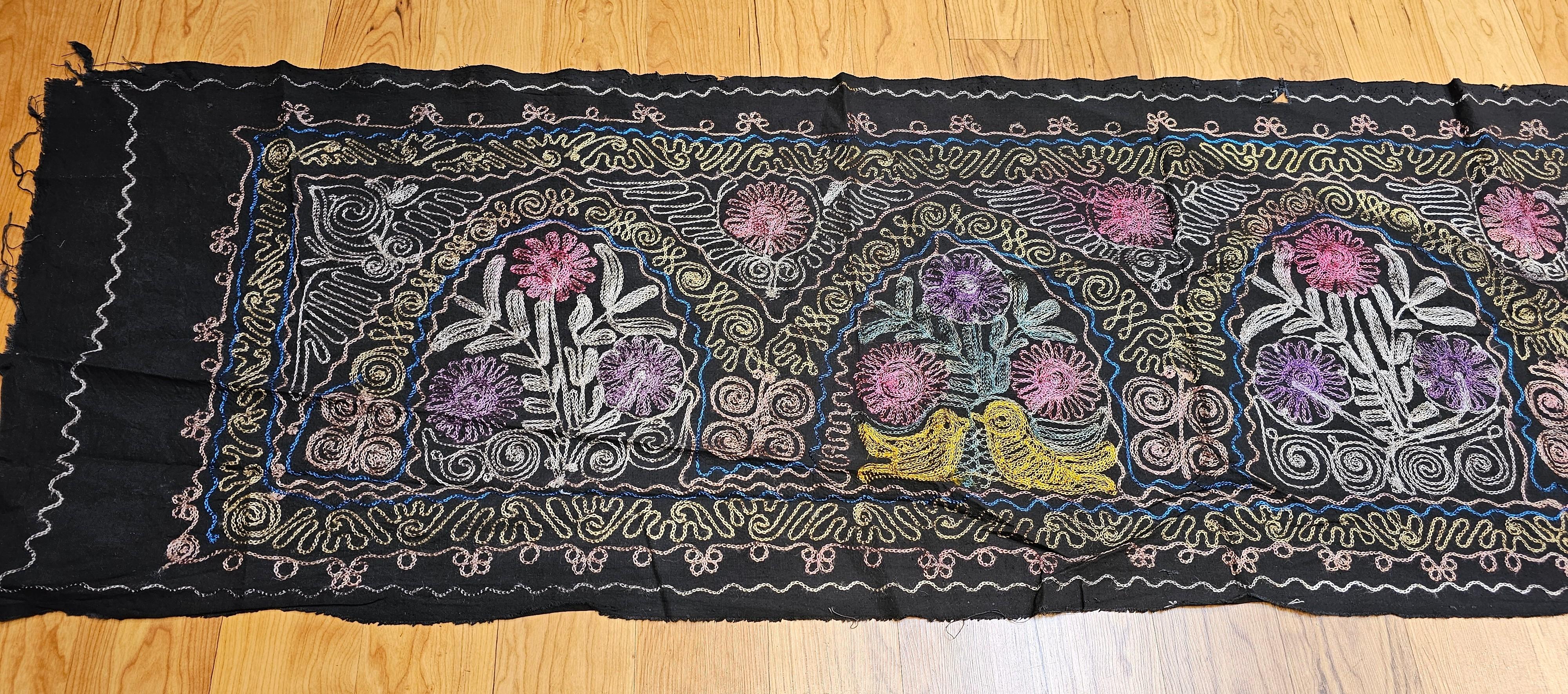 Vintage Uzbek Suzani Silk Embroidery in Black, Blue, Purple, Yellow, Red For Sale 2