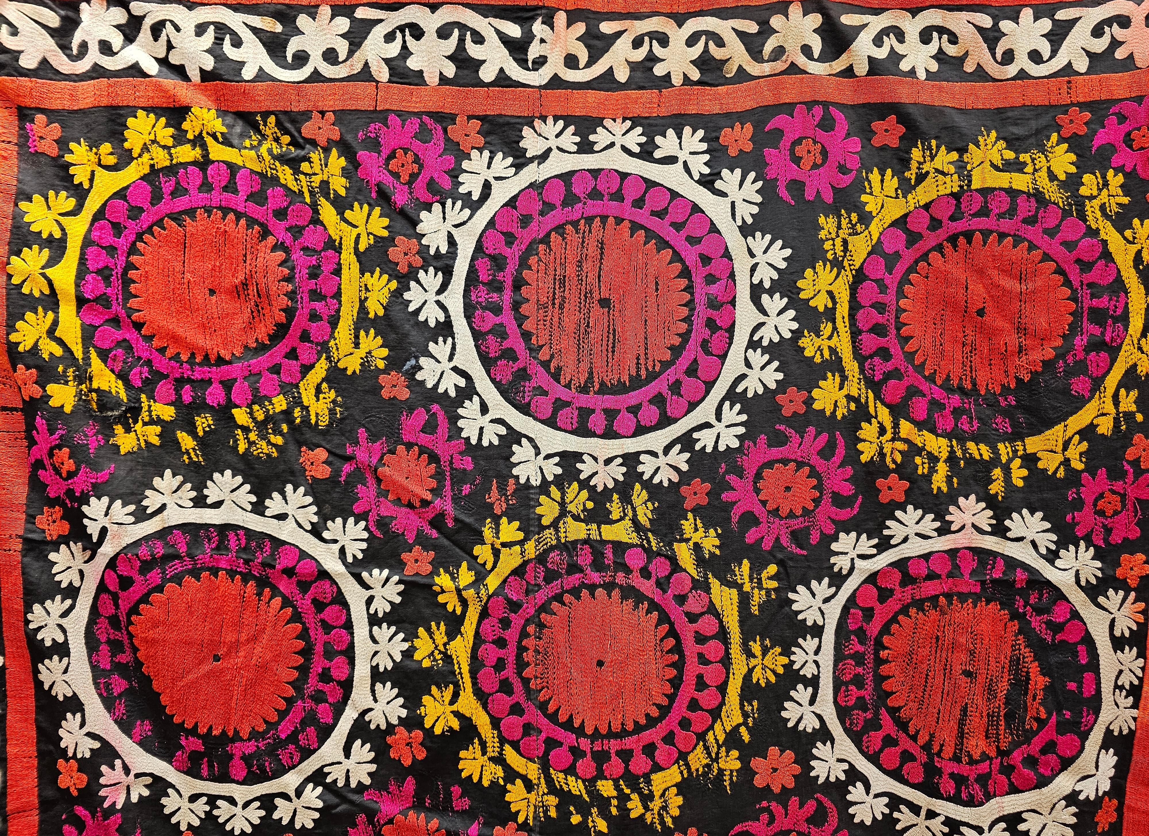 Cotton Vintage Uzbek Suzani Silk Embroidery in Black, Ivory, Yellow, Red For Sale