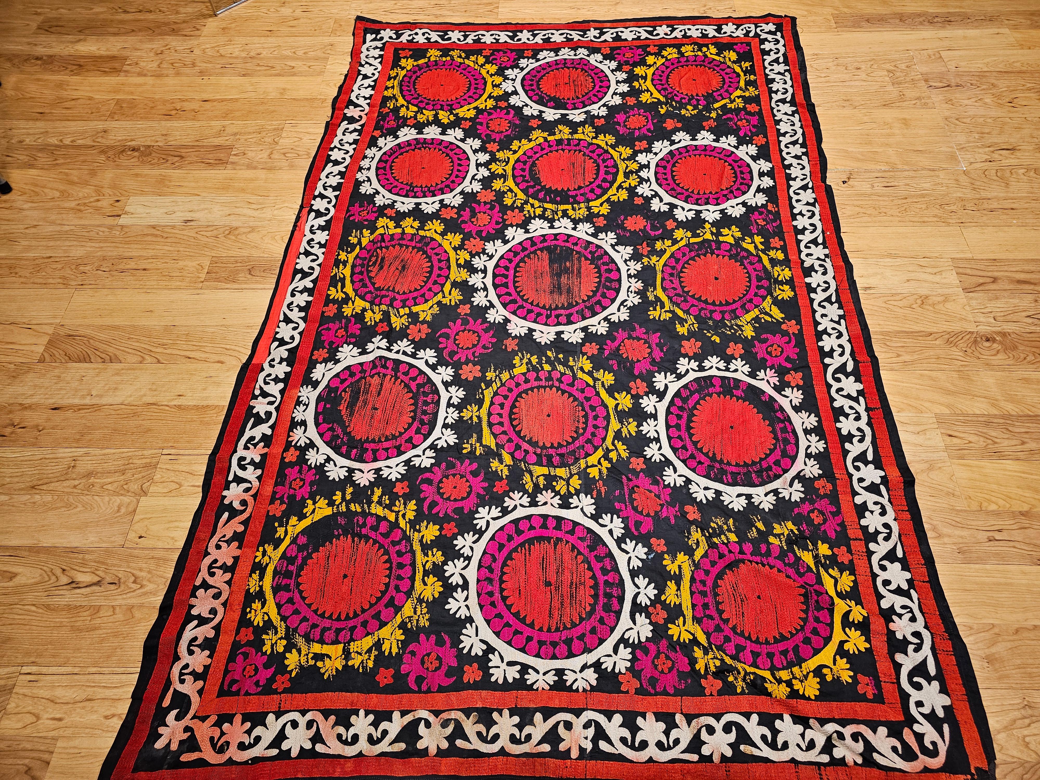 Vintage Uzbek Suzani Silk Embroidery in Black, Ivory, Yellow, Red For Sale 3