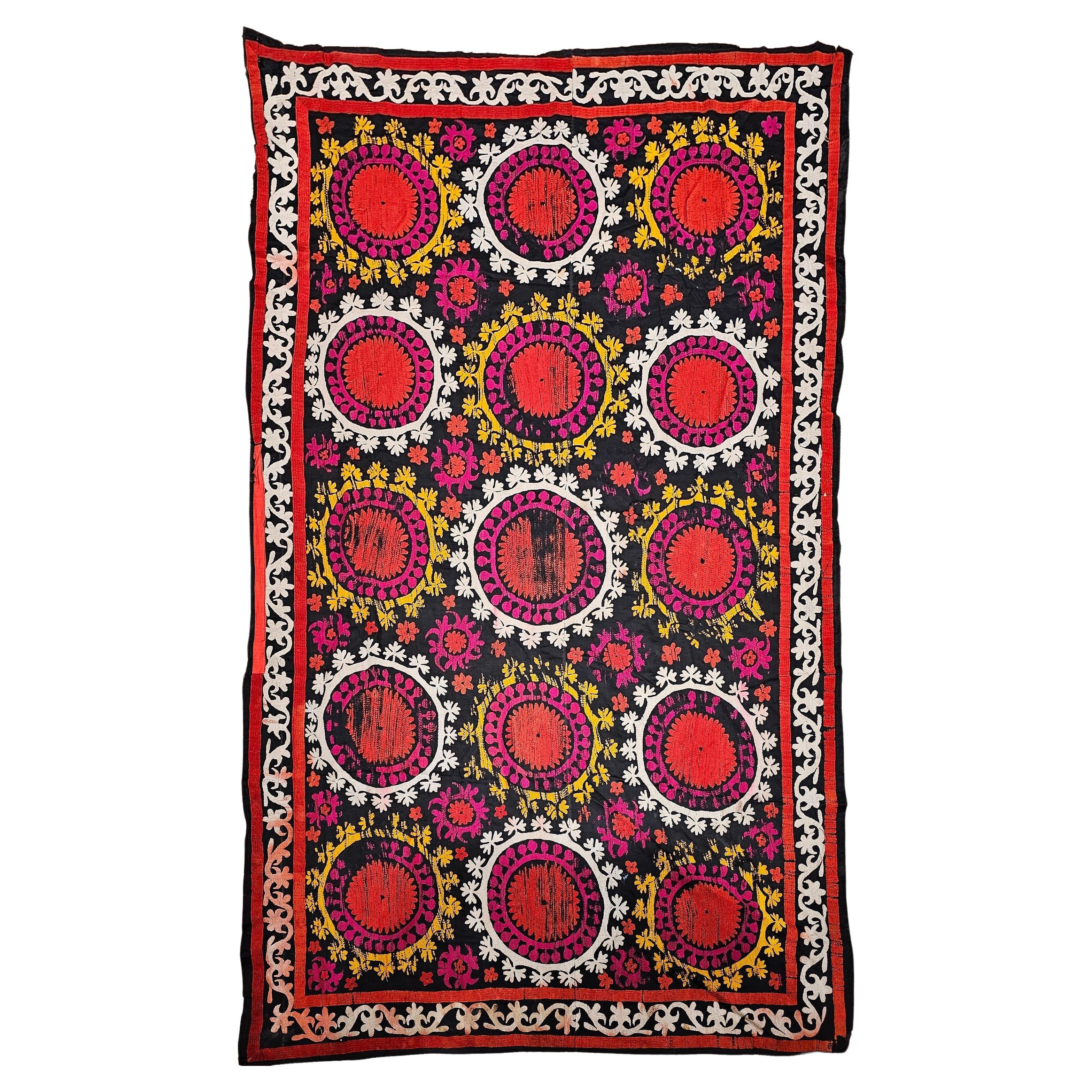 Vintage Uzbek Suzani Silk Embroidery in Black, Ivory, Yellow, Red