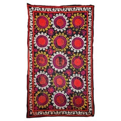 Retro Uzbek Suzani Silk Embroidery in Black, Ivory, Yellow, Red