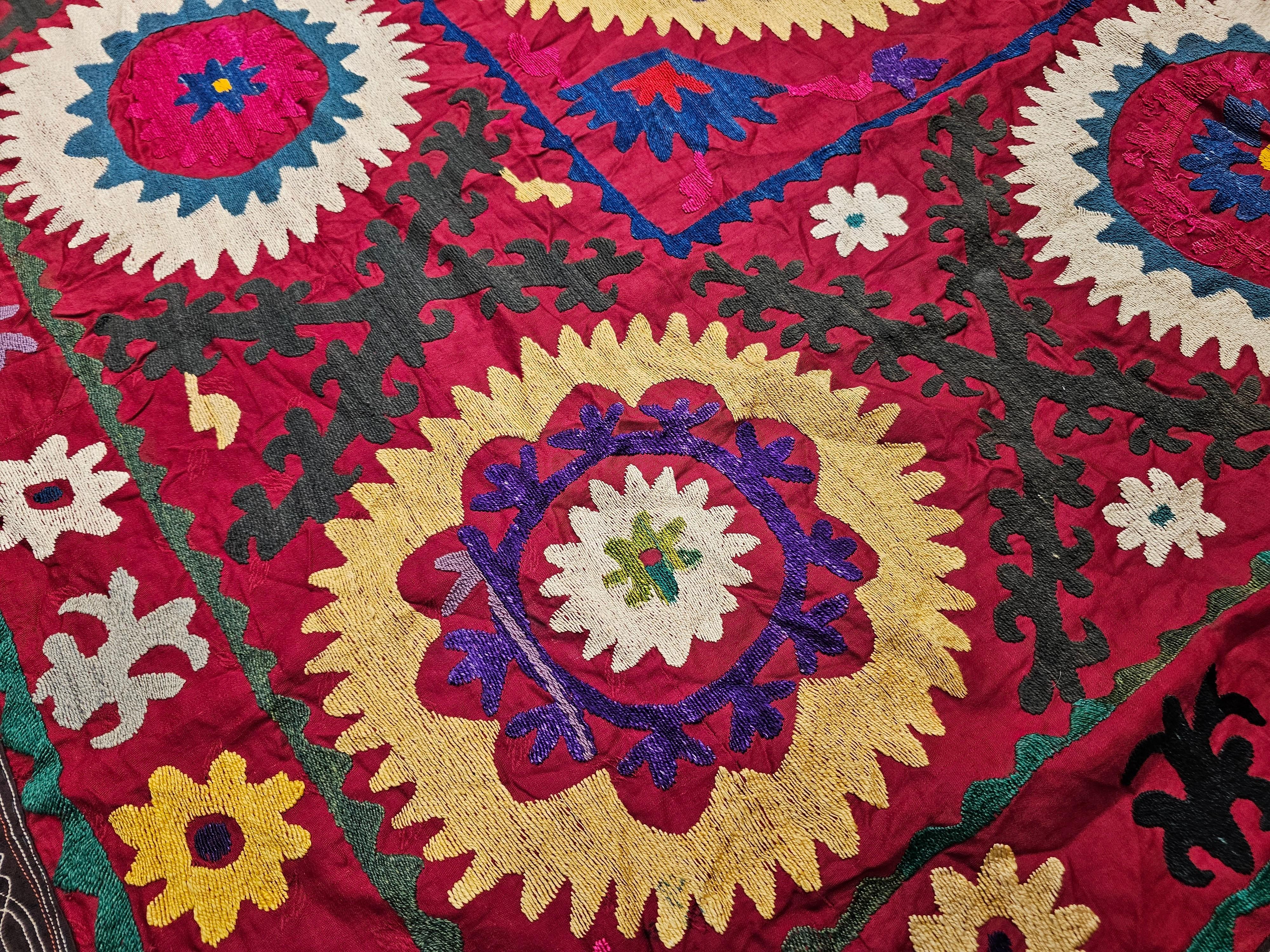 Vintage Uzbek Suzani Silk Embroidery in Crimson Red, Ivory, Blue, Yellow, Black For Sale 4