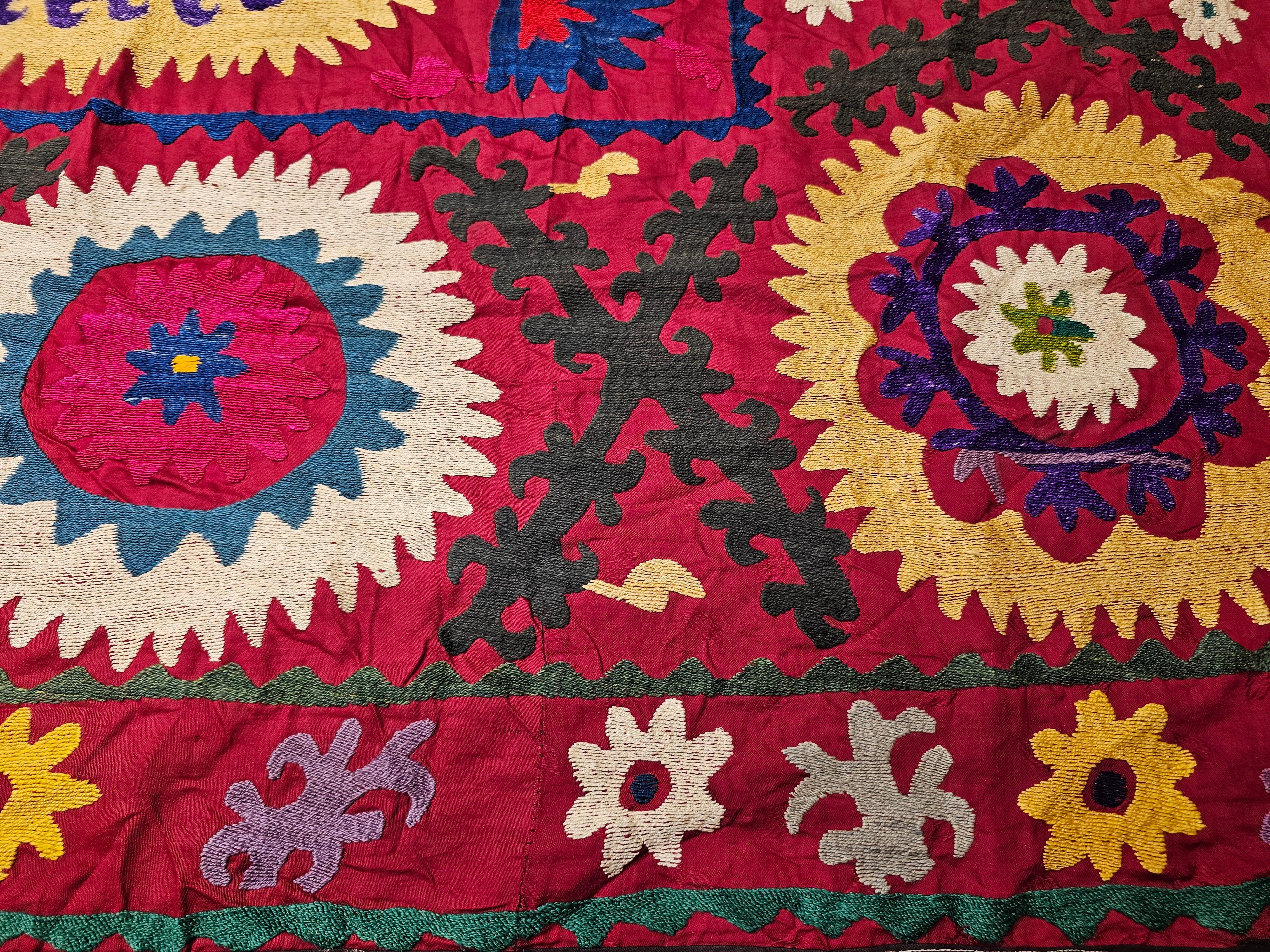 Vintage Uzbek Suzani Silk Embroidery in Crimson Red, Ivory, Blue, Yellow, Black For Sale 5