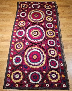 Vintage Uzbek Suzani Silk Embroidery in Crimson Red, Ivory, Blue, Yellow, Black
