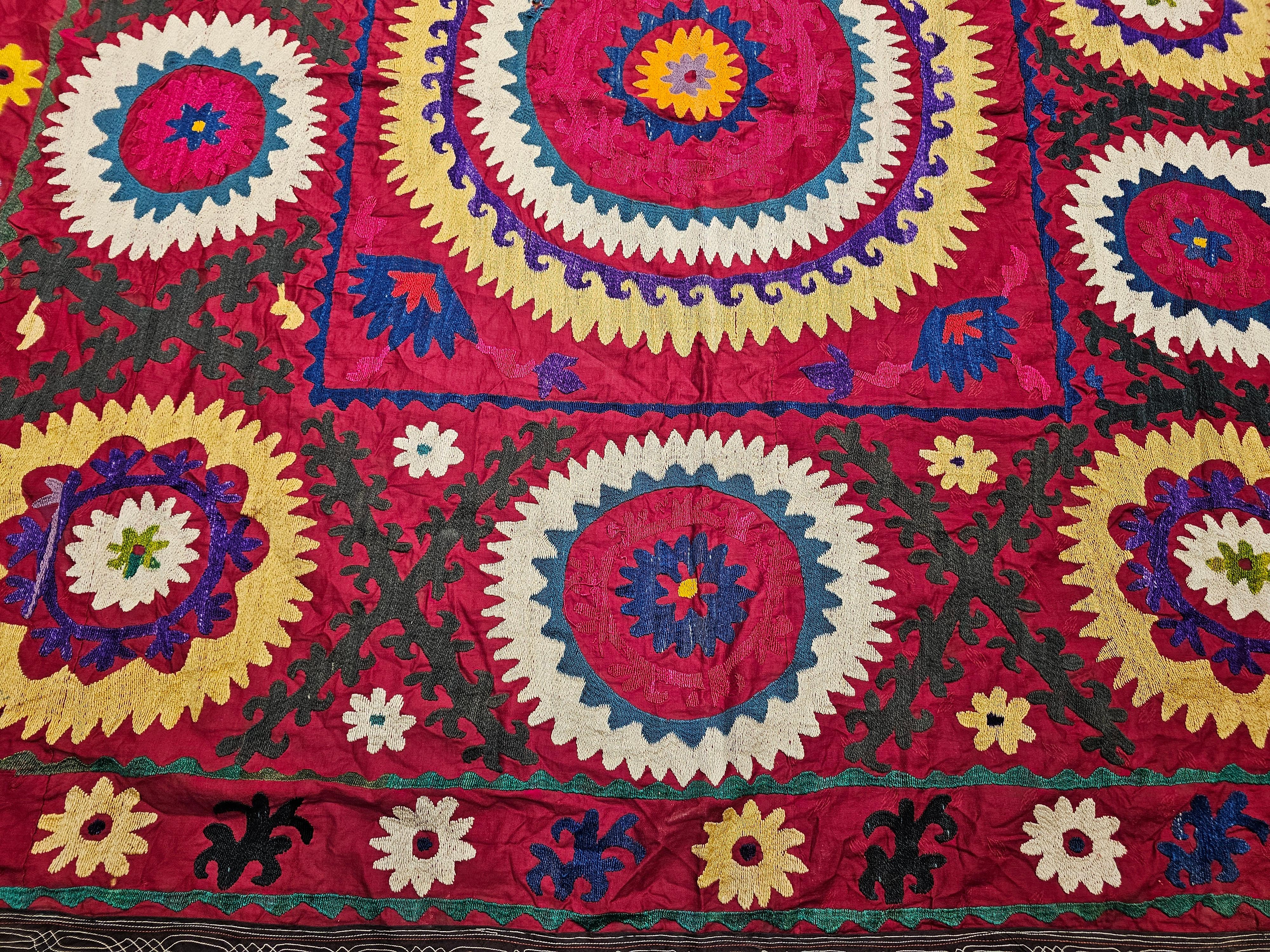 Cotton Vintage Uzbek Suzani Silk Embroidery in Crimson Red, Ivory, Blue, Yellow, Black For Sale