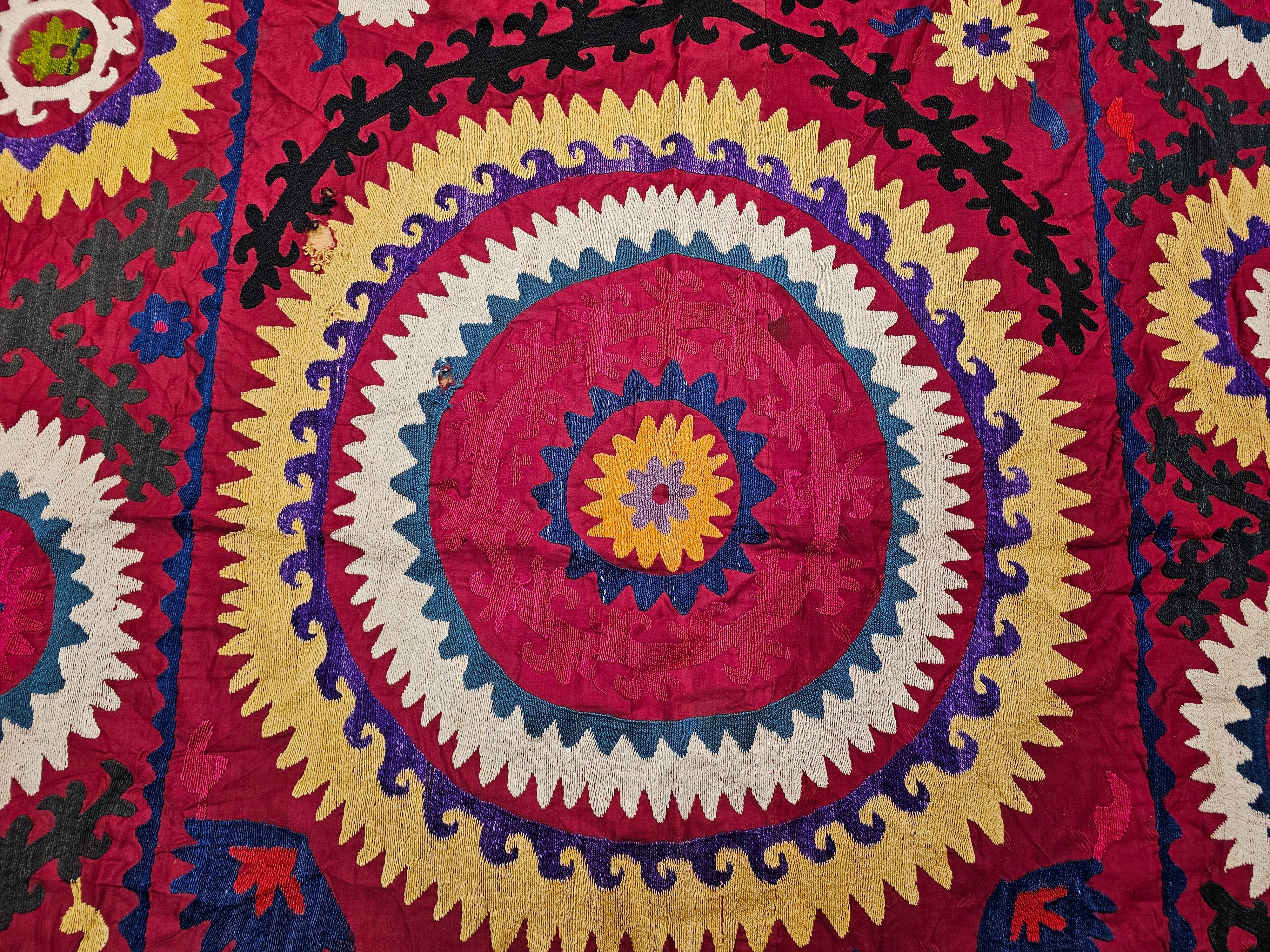 Vintage Uzbek Suzani Silk Embroidery in Crimson Red, Ivory, Blue, Yellow, Black For Sale 1