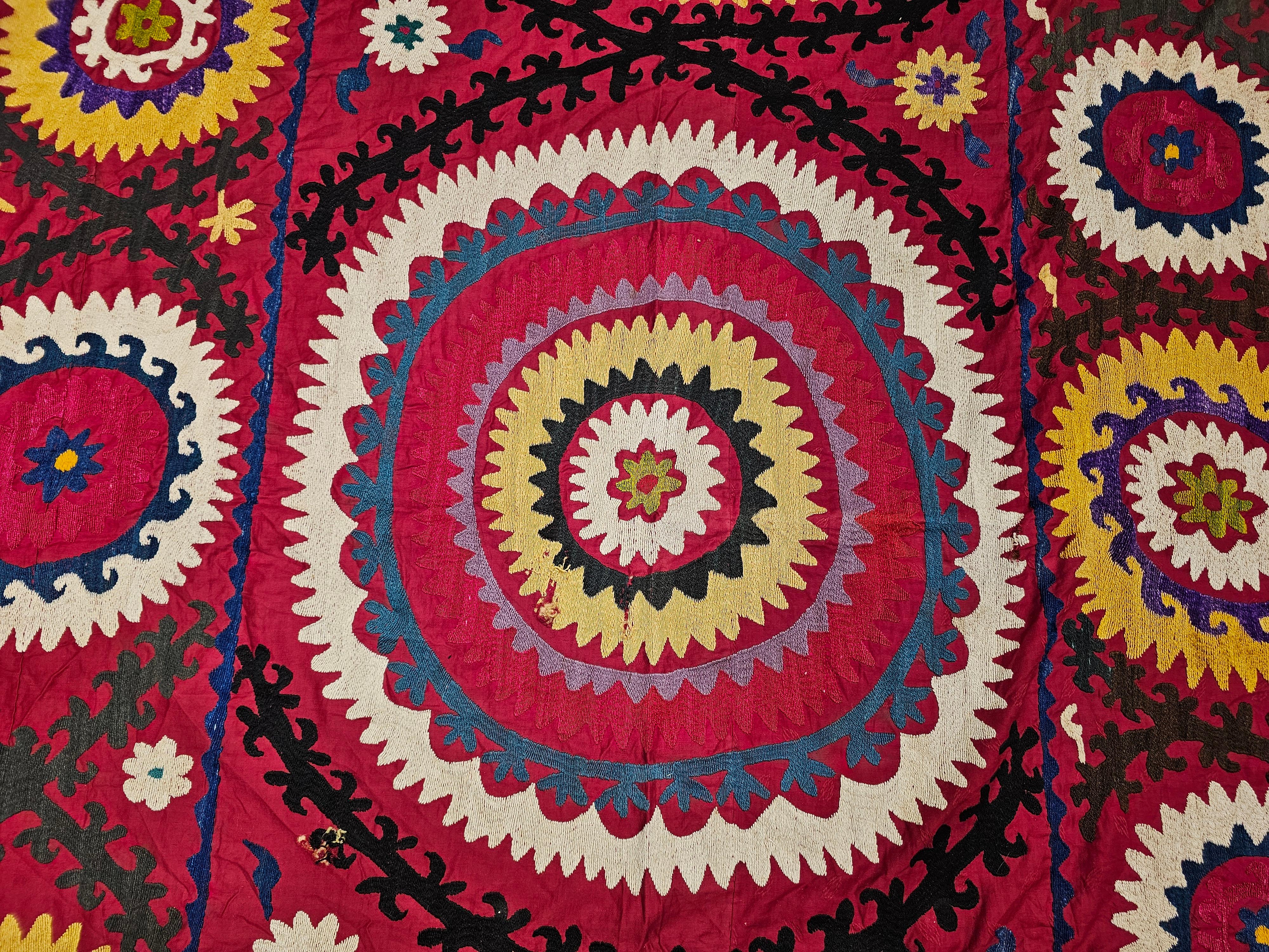 Vintage Uzbek Suzani Silk Embroidery in Crimson Red, Ivory, Blue, Yellow, Black For Sale 2
