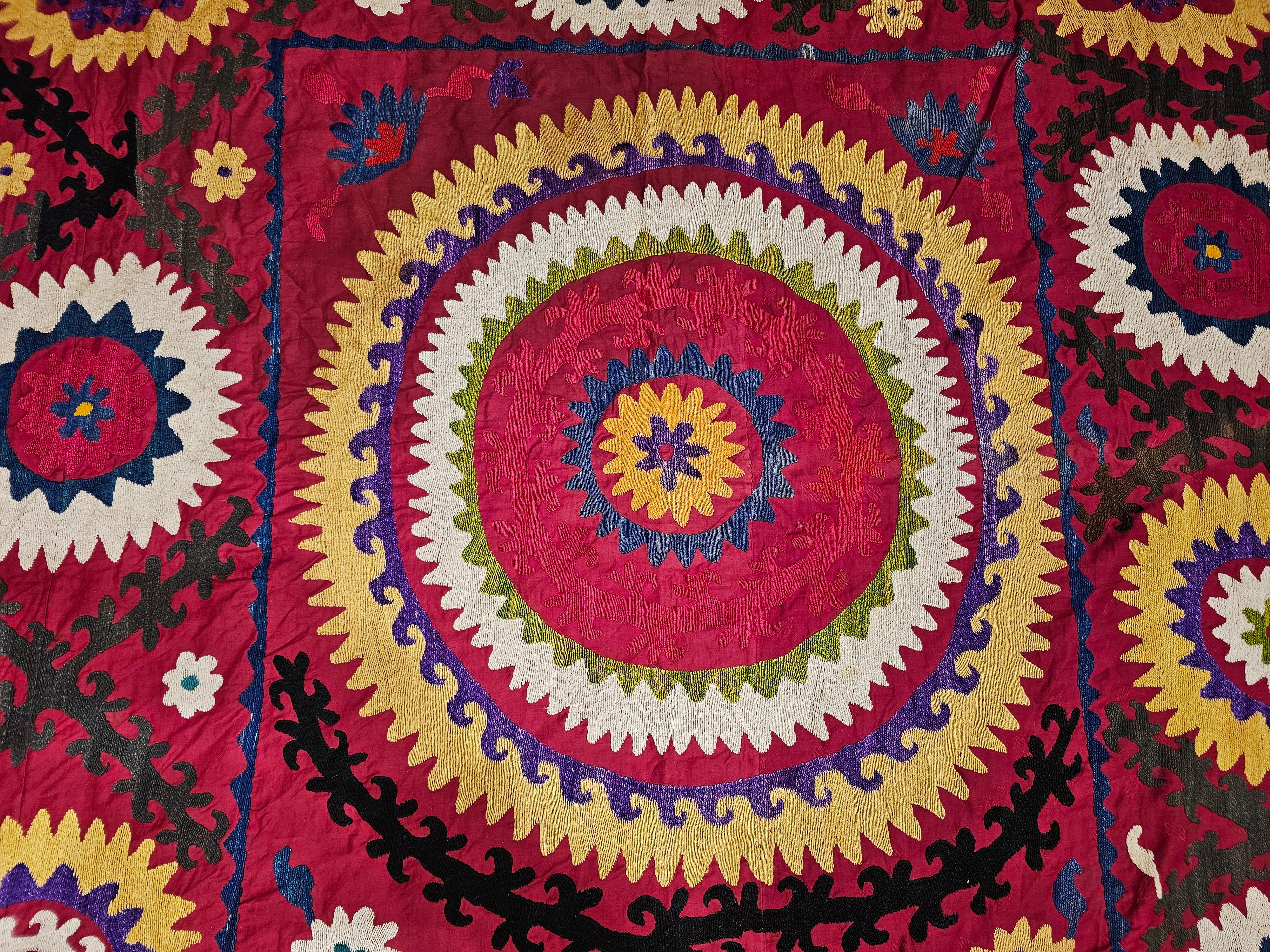 Vintage Uzbek Suzani Silk Embroidery in Crimson Red, Ivory, Blue, Yellow, Black For Sale 3
