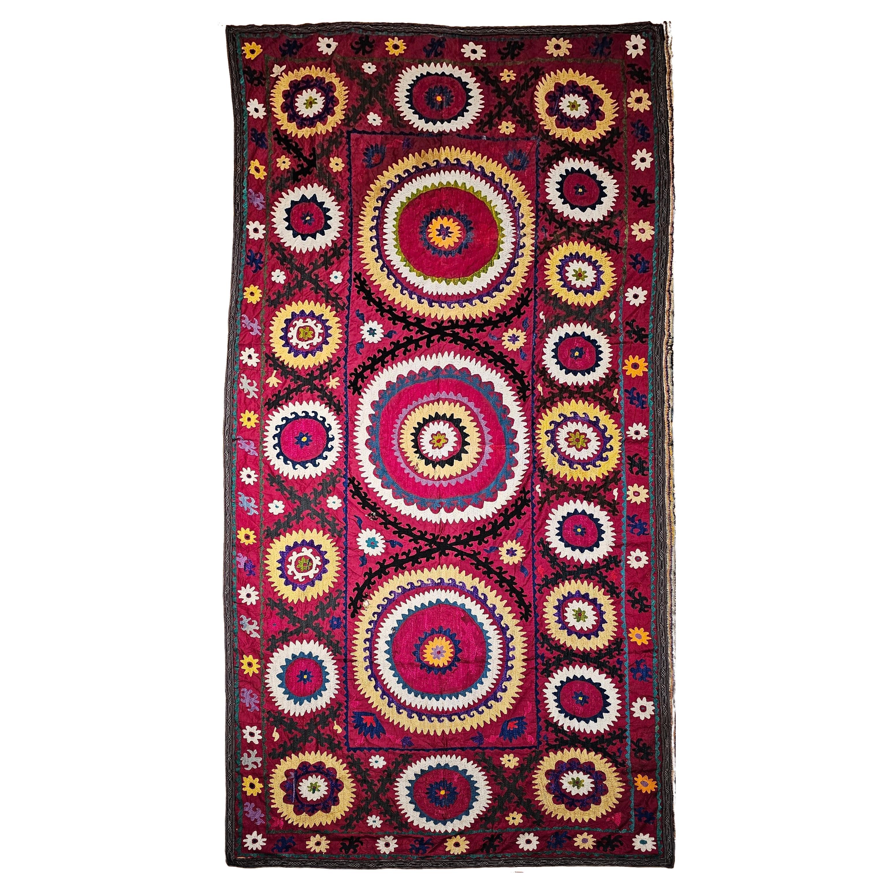 Vintage Uzbek Suzani Silk Embroidery in Crimson Red, Ivory, Blue, Yellow, Black