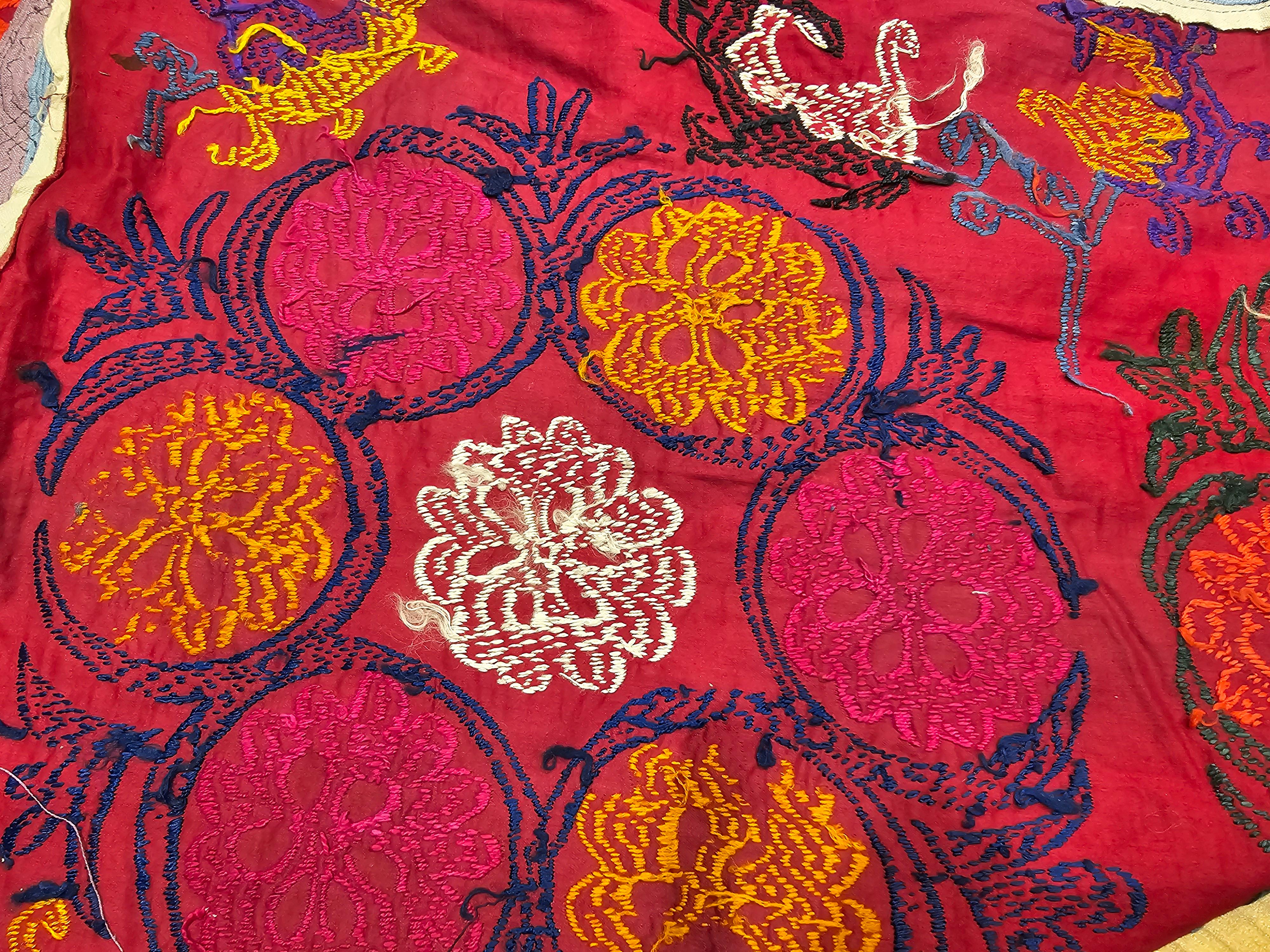Vintage Uzbek Suzani Silk Embroidery in Red, Ivory, Blue, Yellow, Black, Purple For Sale 4
