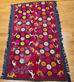 Vintage Uzbek Suzani Silk Embroidery in Red, Ivory, Blue, Yellow, Black, Purple