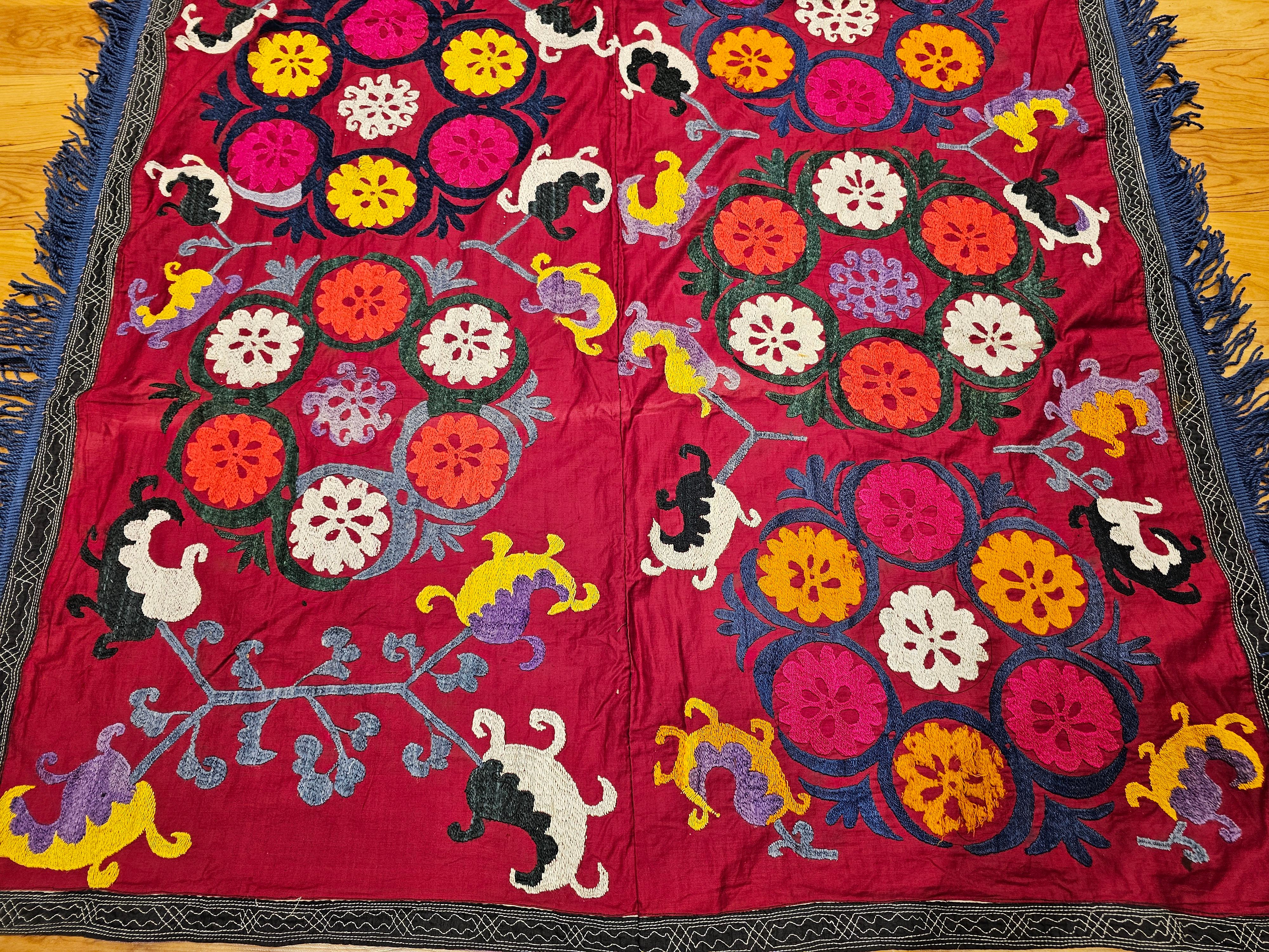 Hand-Crafted Vintage Uzbek Suzani Silk Embroidery in Red, Ivory, Blue, Yellow, Black, Purple For Sale