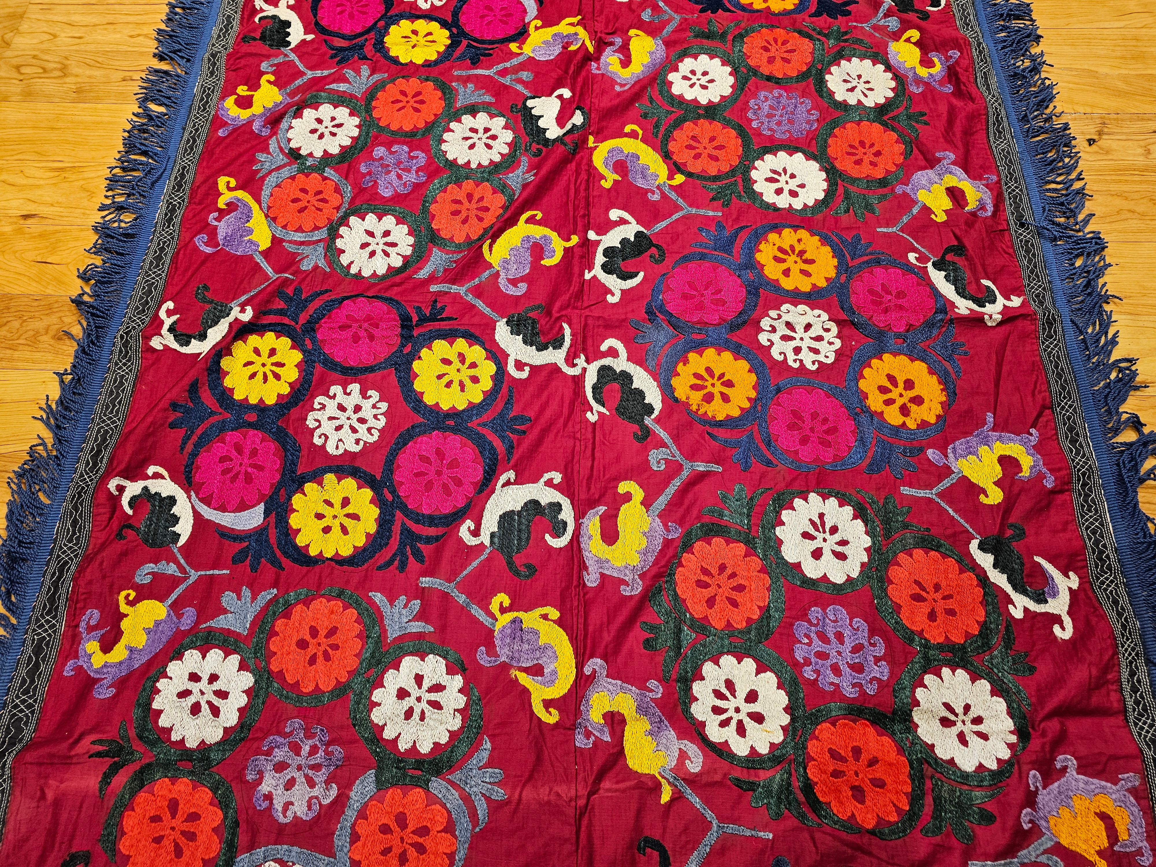 Vintage Uzbek Suzani Silk Embroidery in Red, Ivory, Blue, Yellow, Black, Purple In Good Condition For Sale In Barrington, IL