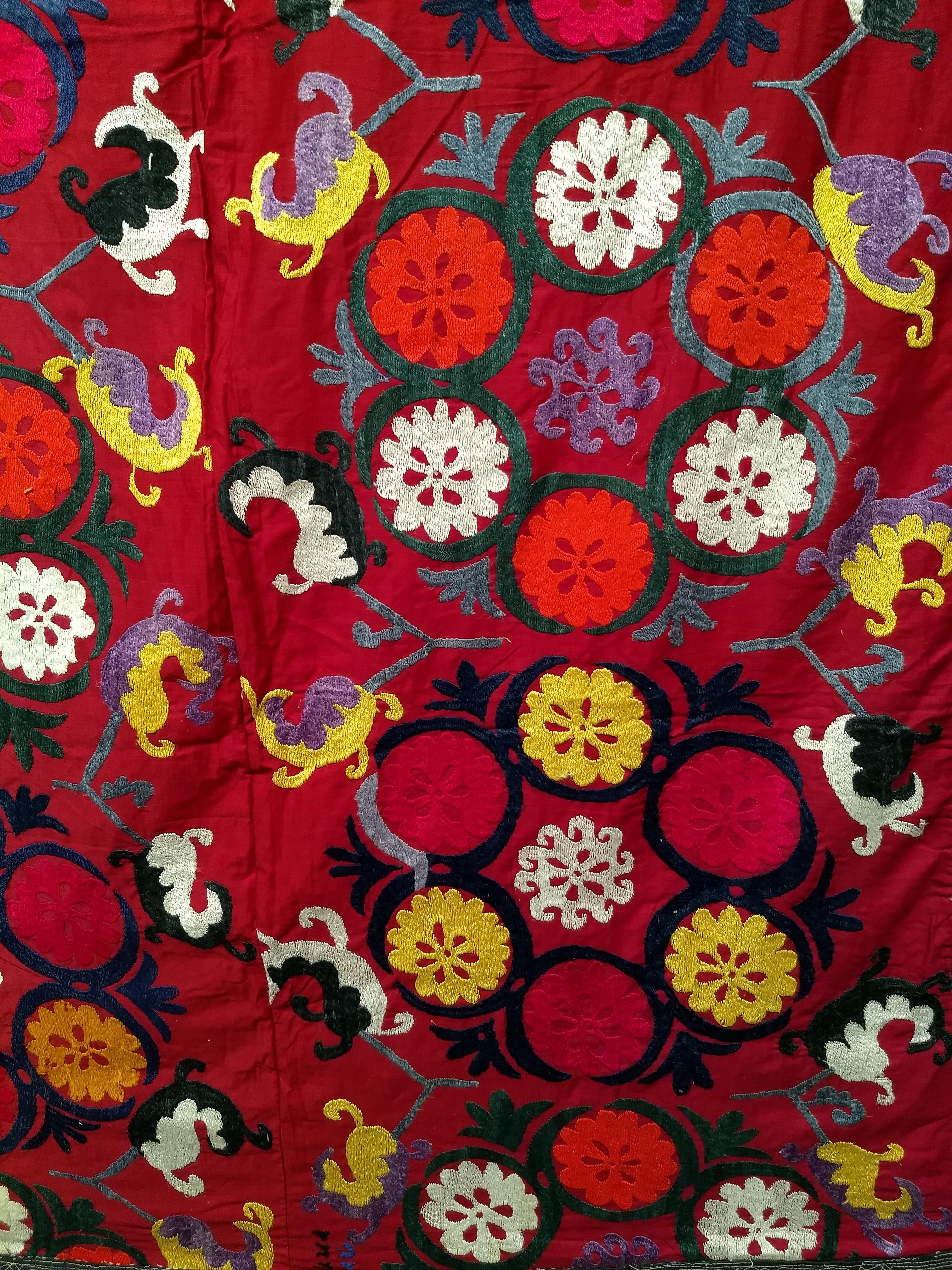 Vintage Uzbek Suzani Silk Embroidery in Red, Ivory, Blue, Yellow, Black, Purple For Sale 2