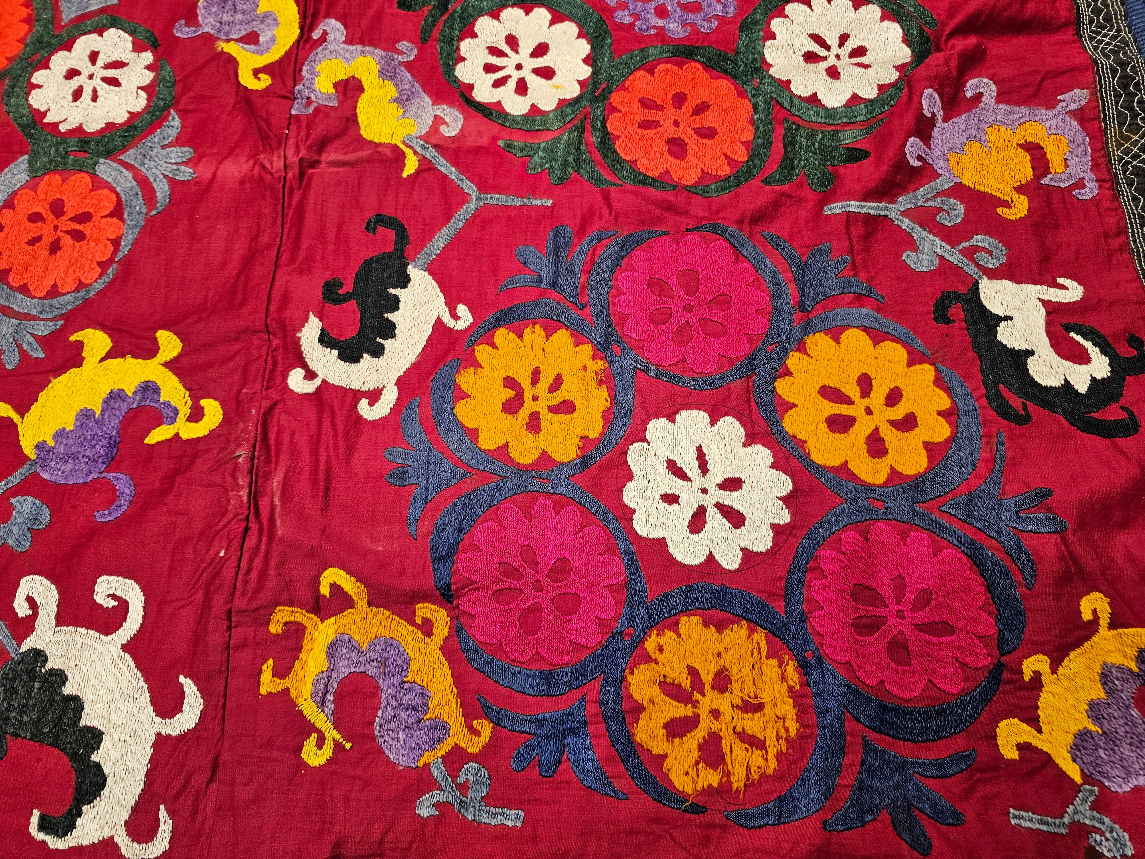 Vintage Uzbek Suzani Silk Embroidery in Red, Ivory, Blue, Yellow, Black, Purple For Sale 3