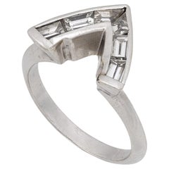 Vintage V baguette diamond 14k white gold stacking band