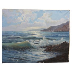 Vintage V Blanch Costa Brava Spanish Coastal Seascape Oil Painting 37" (peinture à l'huile)