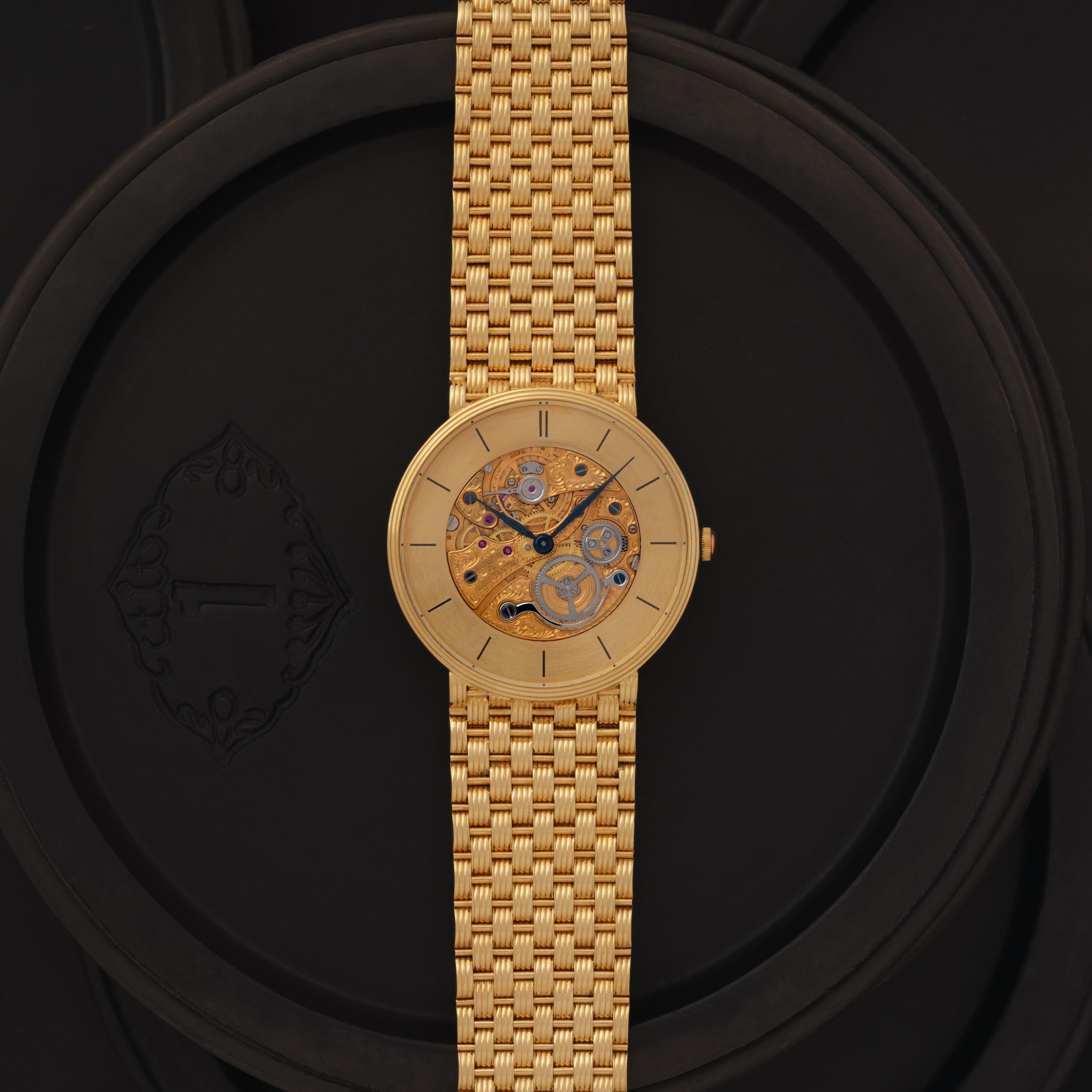 Vintage Vacheron Constantin 18k Yellow Gold, 33mm Skelitized, Manual Movement, Made in Switzerland c.1980s / 86.5 grams

Maker: Vacheron Constantin
Model: Patrimony Squelette
Year: 1980s
Material: 18K Yellow Gold
Dial: Skelitized
Case Measurement: