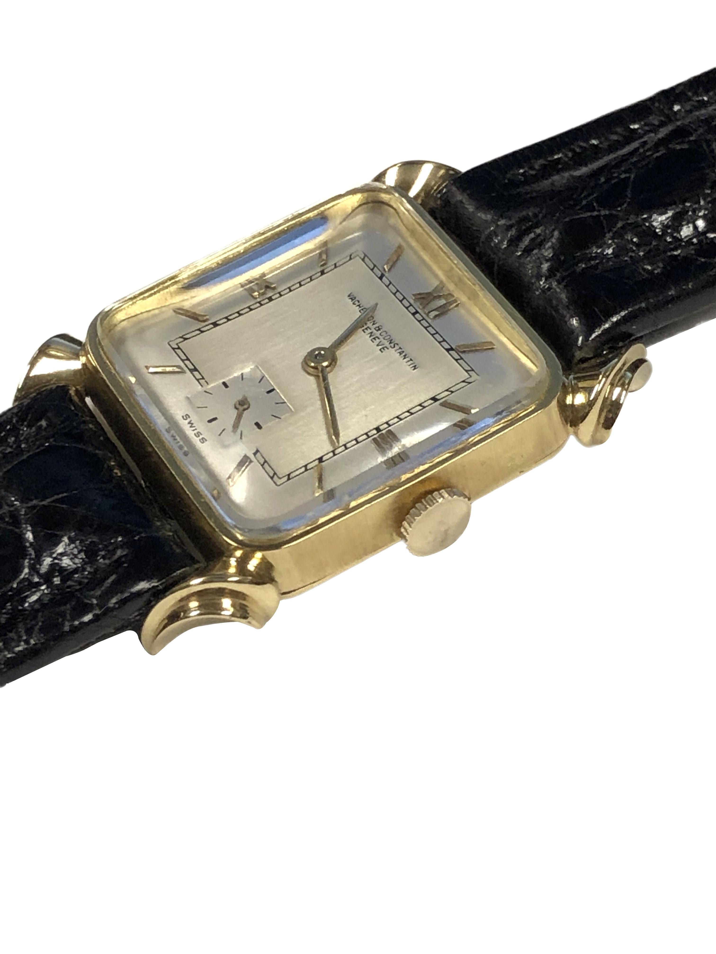 Circa 1949 Vacheron & Constantin Wrist Watch, 24 X 25 M.M. 2 Piece 18K Yellow Gold case with fancy Scroll Lugs. 17 Jewel, mechanical, manual wind movement. original silver satin dial with raised markers and a sub seconds chapter, original thick
