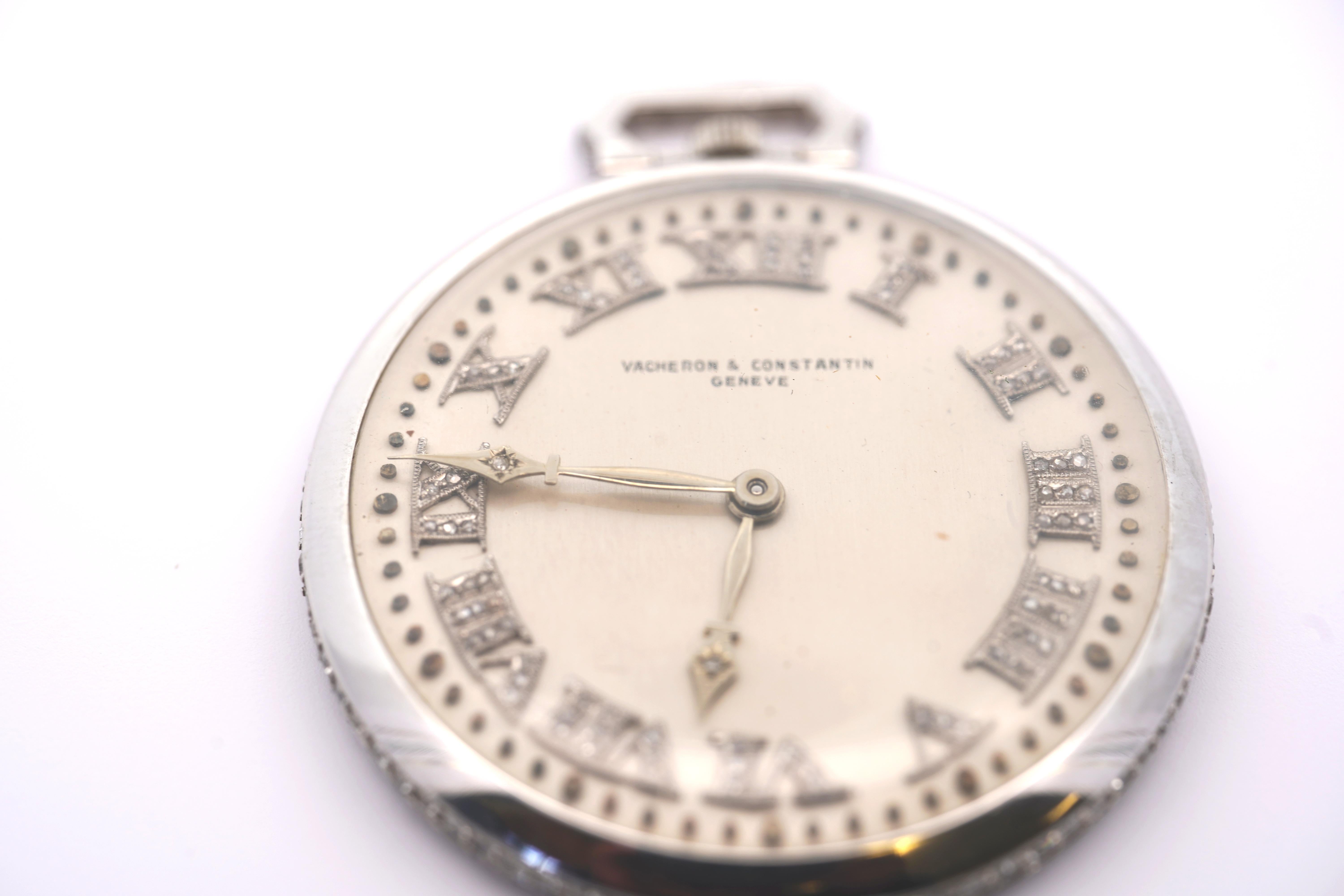 Art Deco Vacheron Constantin Geneve Platinum Pocket Watch With Old Cut Diamonds In Excellent Condition For Sale In Miami, FL