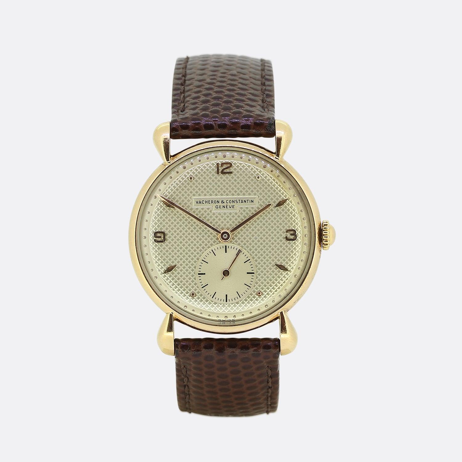 This is a beautifully made watch from the designer Vacheron & Constantin. The watch features an 18ct rose gold case and crown and has been finished with a dark brown leather strap. The watch was made in the 1950s and has wonderful fancy tear drops