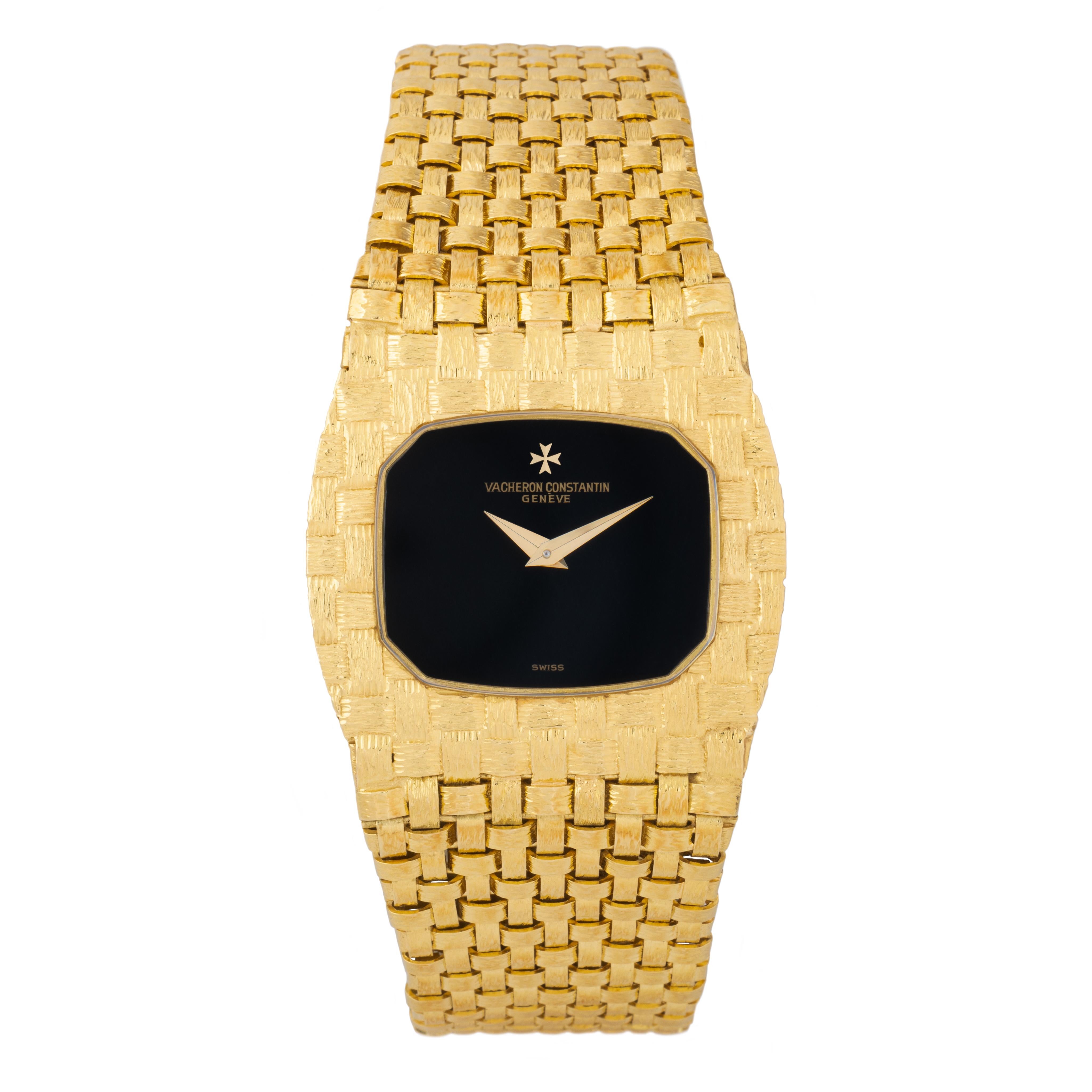Vacheron Constantin Ultra Thin
18 Karat Yellow Gold
Woven Gold 
Model 33020P
Onyx Dial, 
Manual Movement
Fits up to an 8