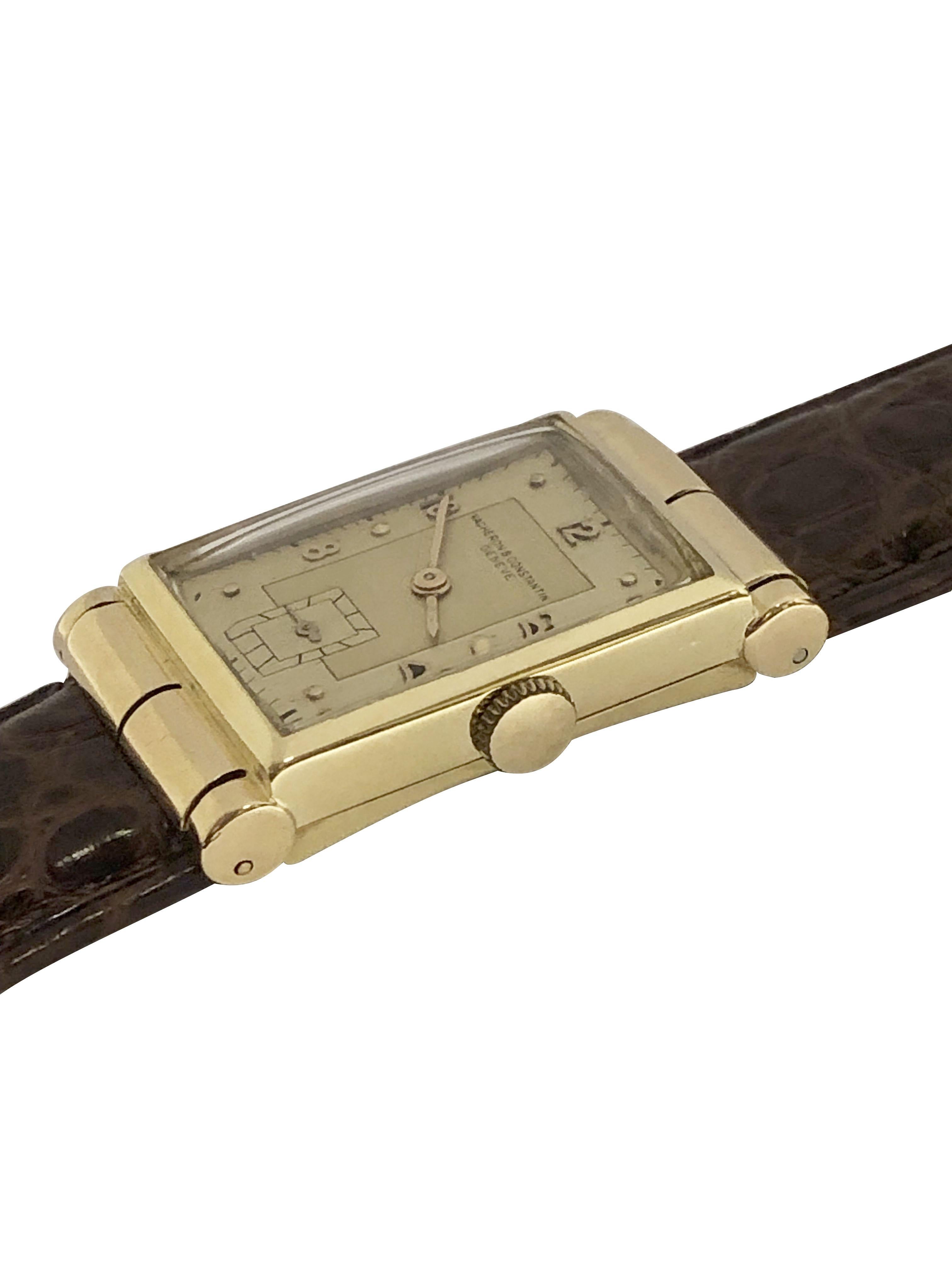 Circa 1950 Vacheron & Constantin Wrist Watch, made exclusively for the American Market, 36 M.M X 20 M.M 2 piece 14k Yellow Gold case with covered lugs. 17 jewel mechanical, manual wind Nickle lever movement. Original and excellent 2 tone Gold Satin