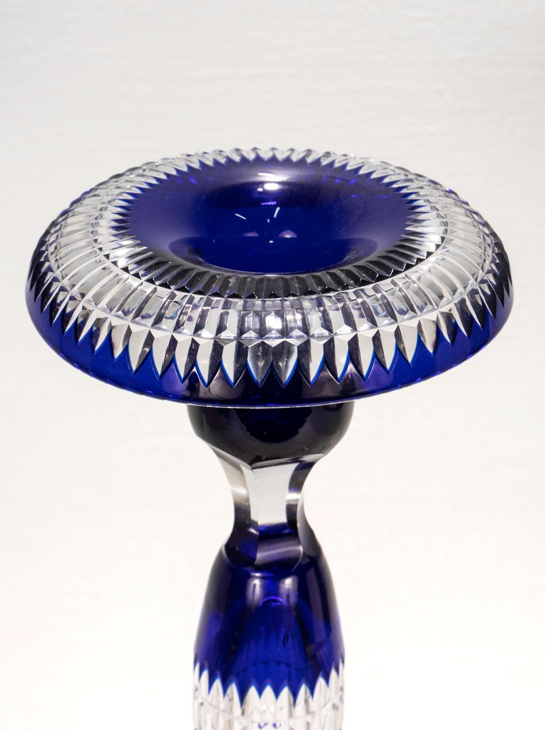 Vintage Val St. Lambert Blue Cut to Clear Glass Candlestick For Sale 3