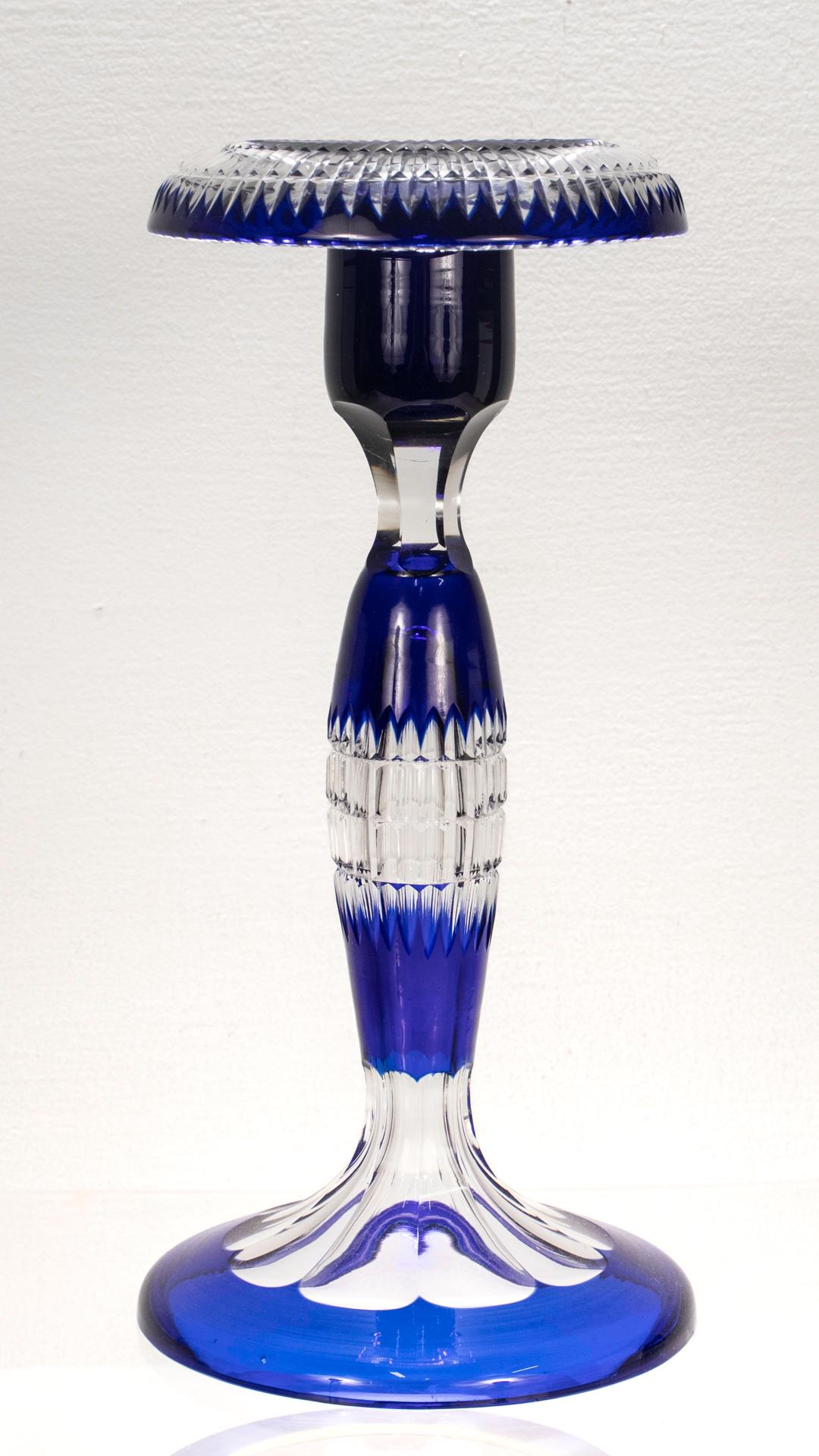 Belgian Vintage Val St. Lambert Blue Cut to Clear Glass Candlestick For Sale
